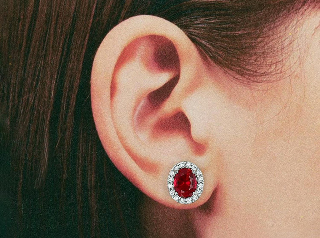 Lab Grown Ruby Halo Studs in Sterling Silver