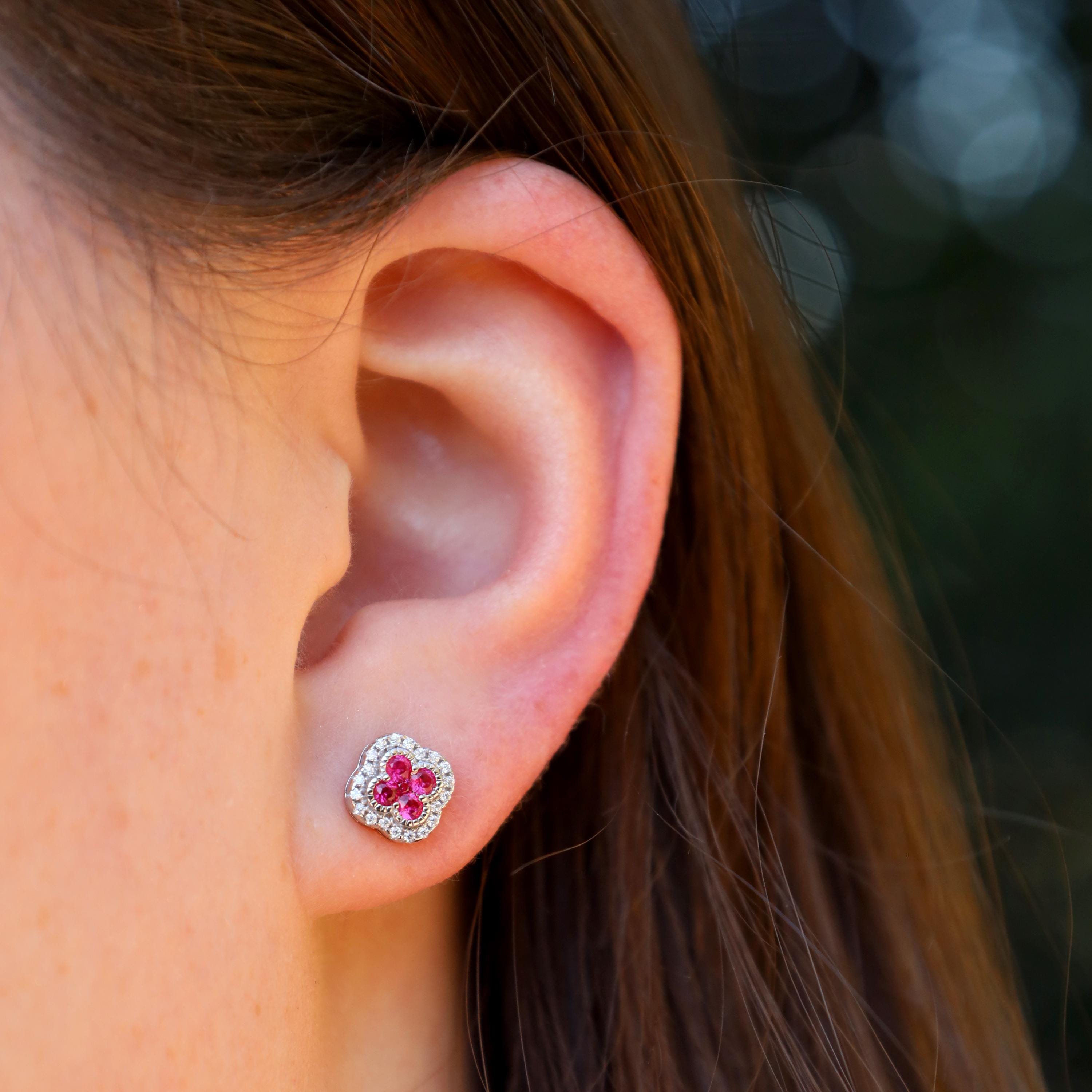 Ruby Clover Earrings in Sterling Silver