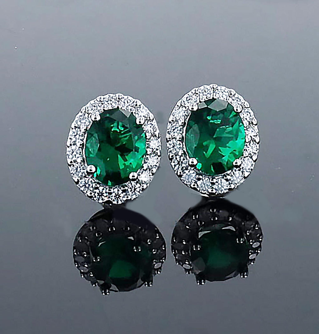 Lab Grown Emerald Halo Studs in Sterling Silver