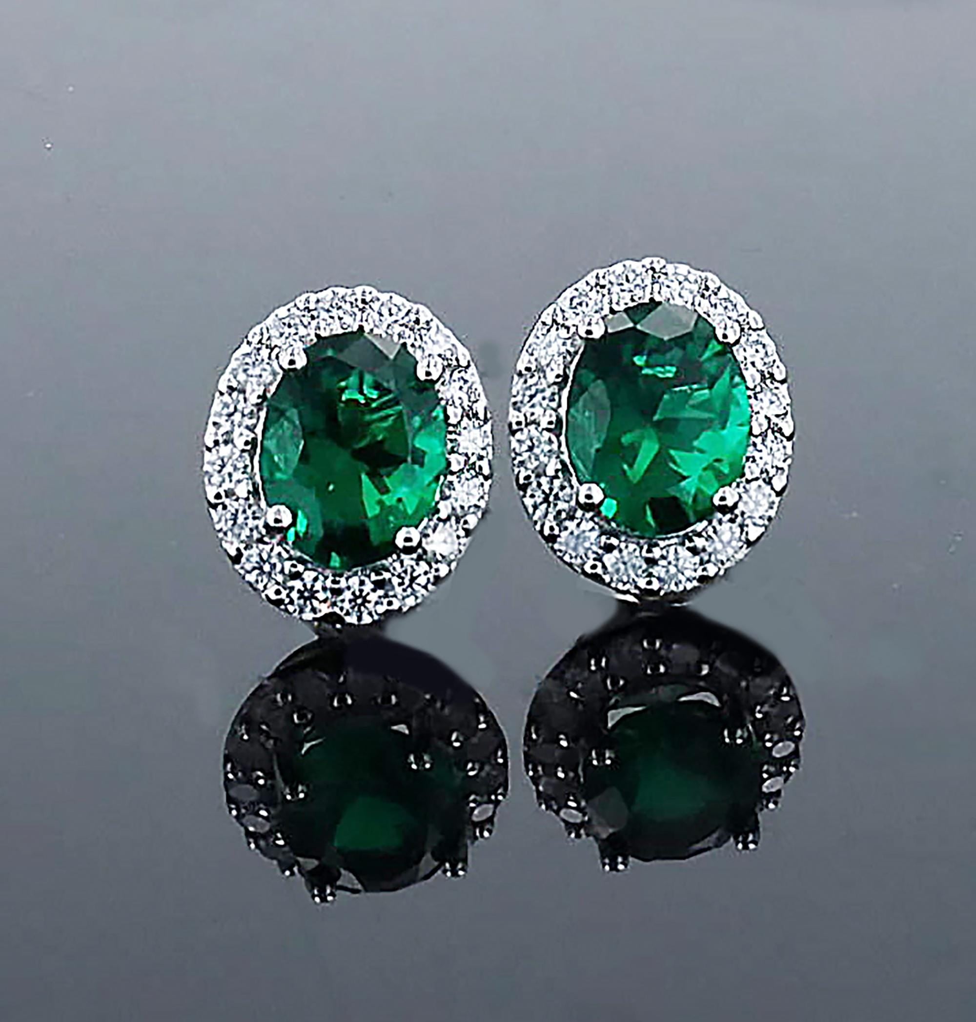 Lab Grown Emerald Halo Studs in Sterling Silver