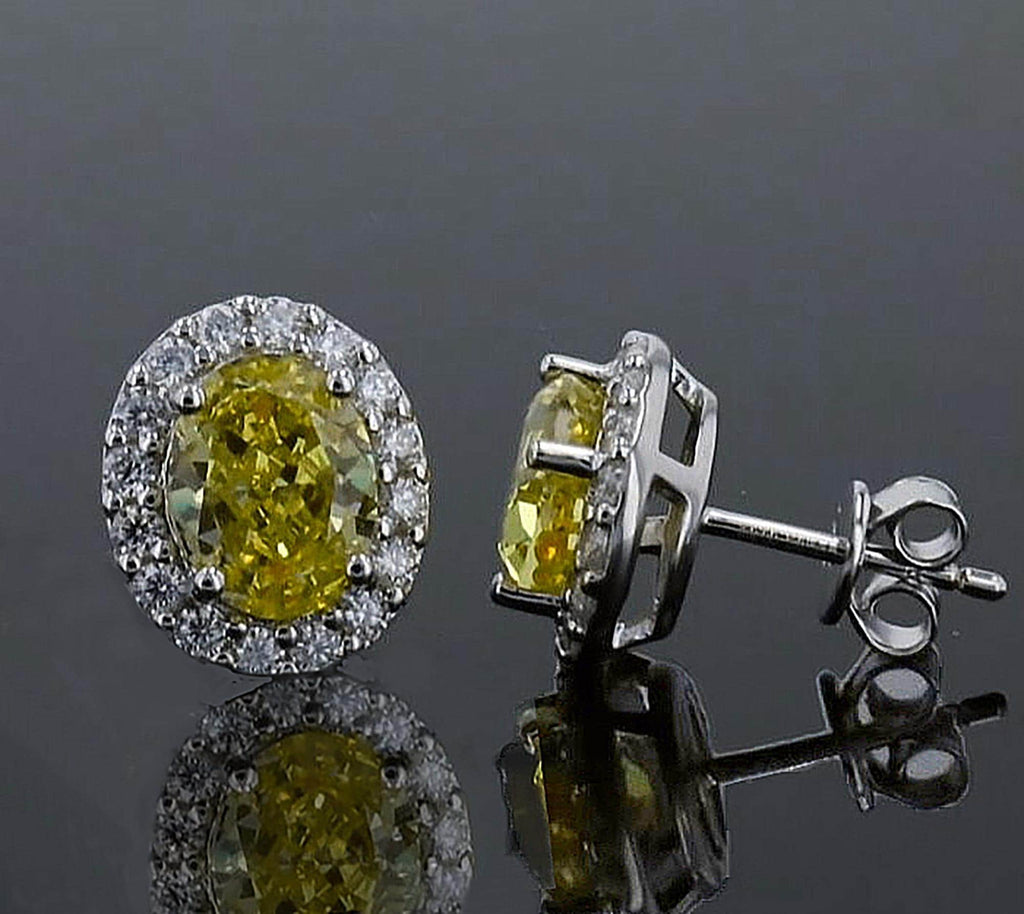 Lab Grown Yellow Simulated Diamond Halo Studs in Sterling Silver