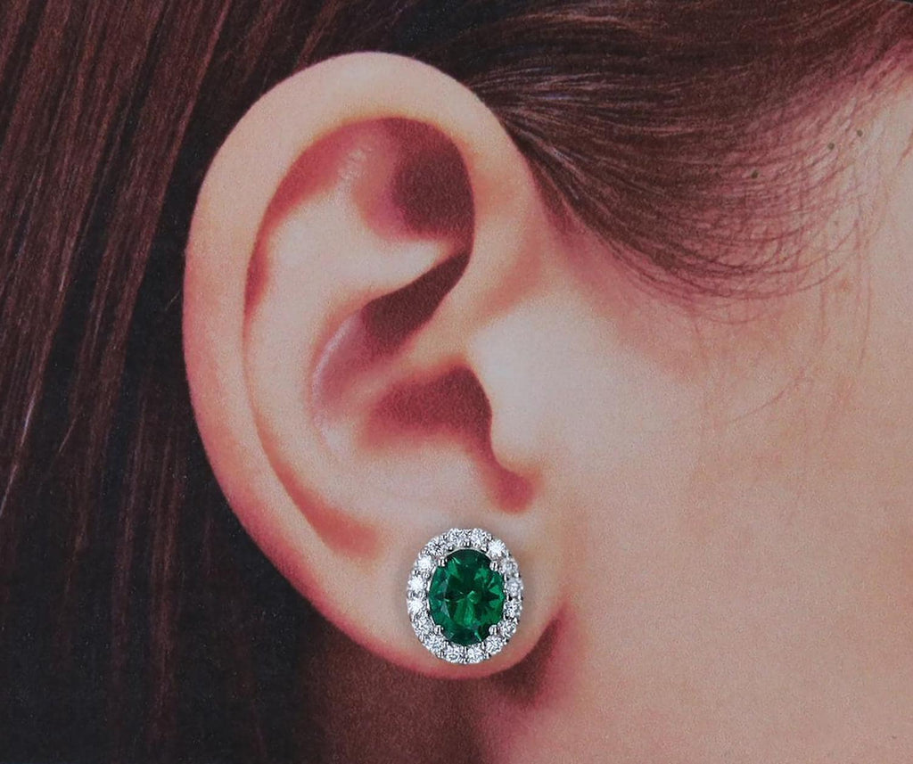 Lab Grown Emerald Halo Studs in Sterling Silver