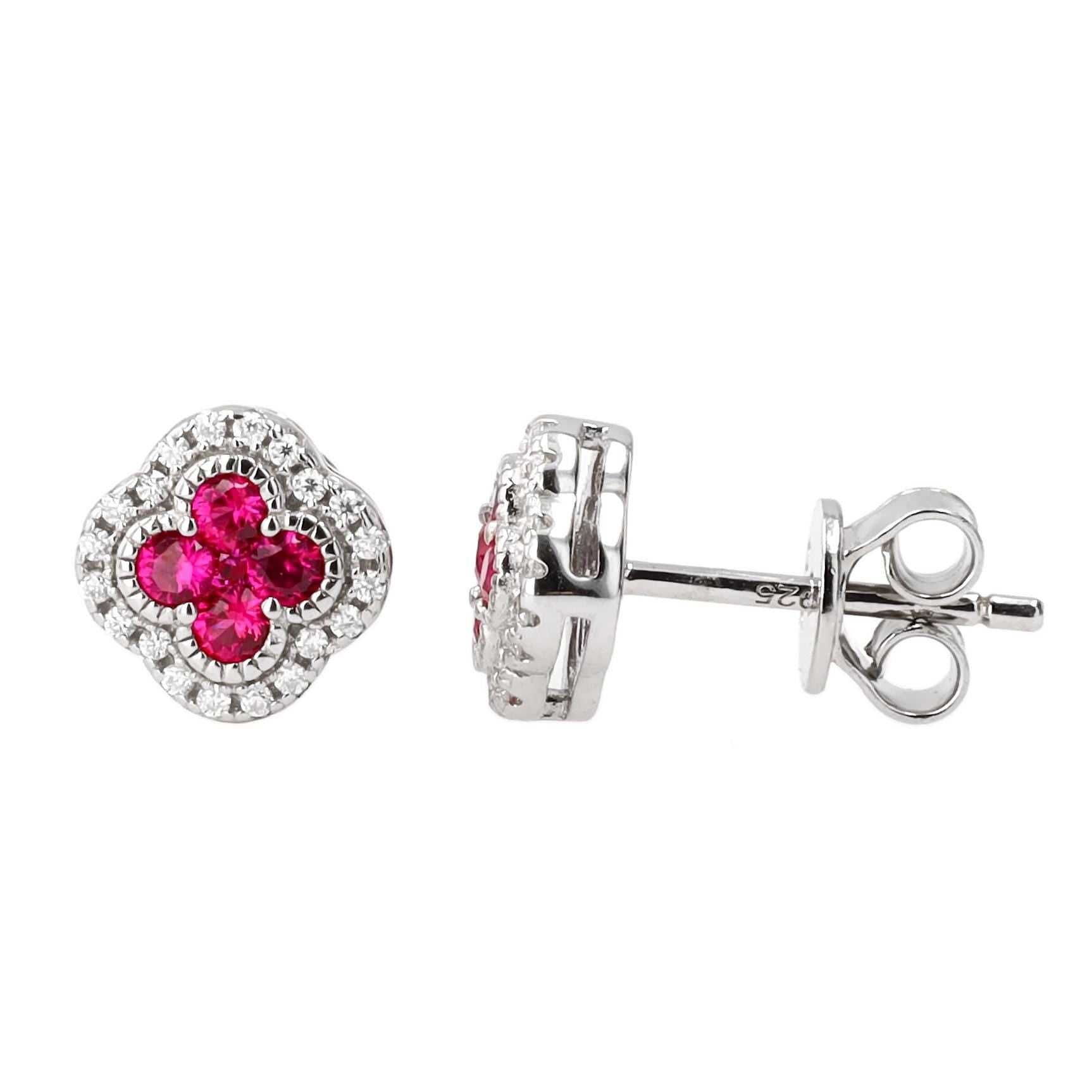 Ruby Clover Earrings in Sterling Silver