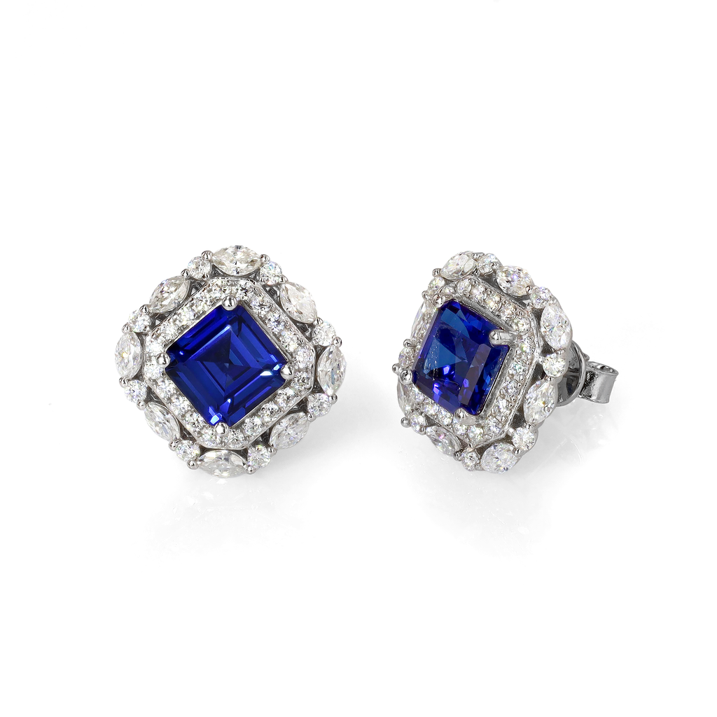 Art Deco Lab Grown Sapphire Studs in Sterling Silver