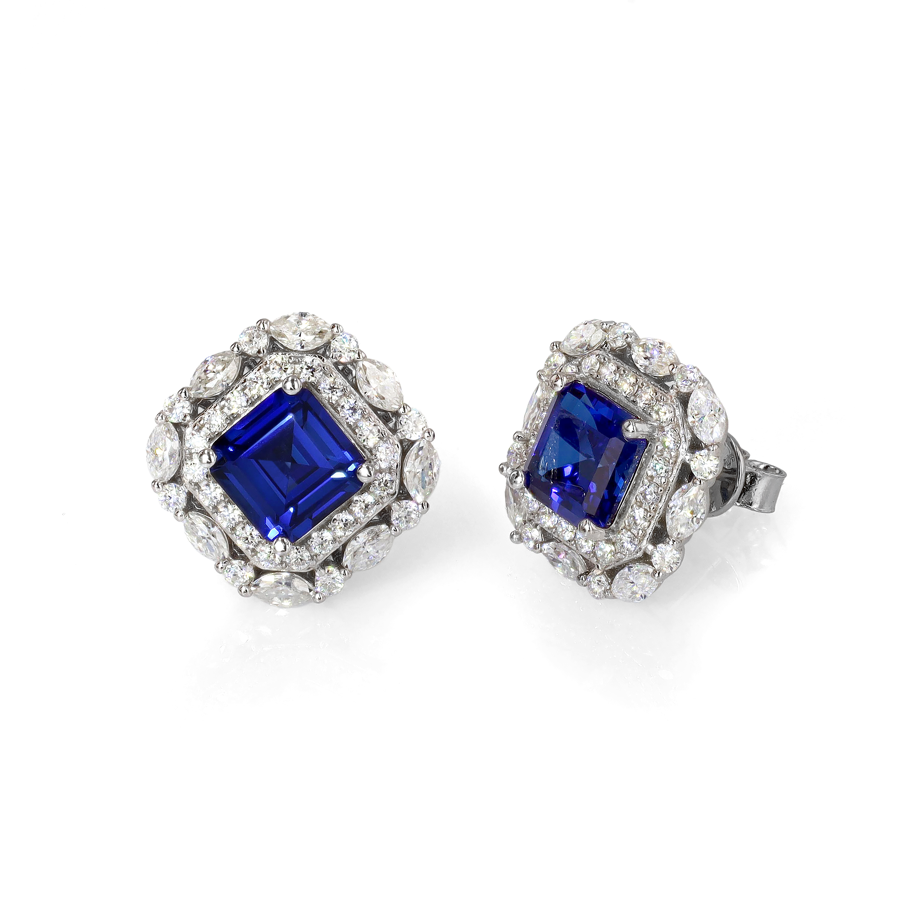 Art Deco Lab Grown Sapphire Studs in Sterling Silver