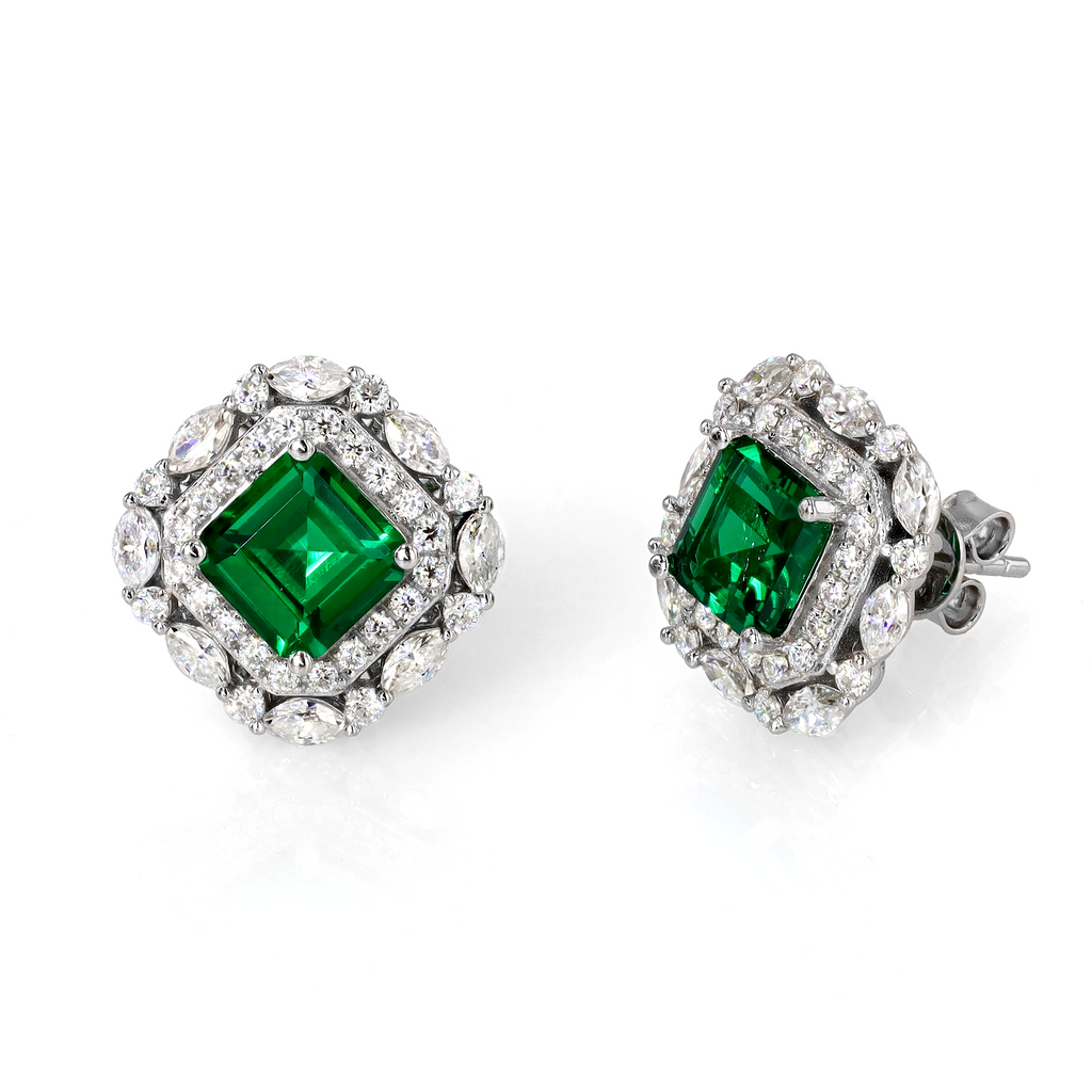 Art Deco Lab Grown Emerald Nano Crystal Studs in Sterling Silver