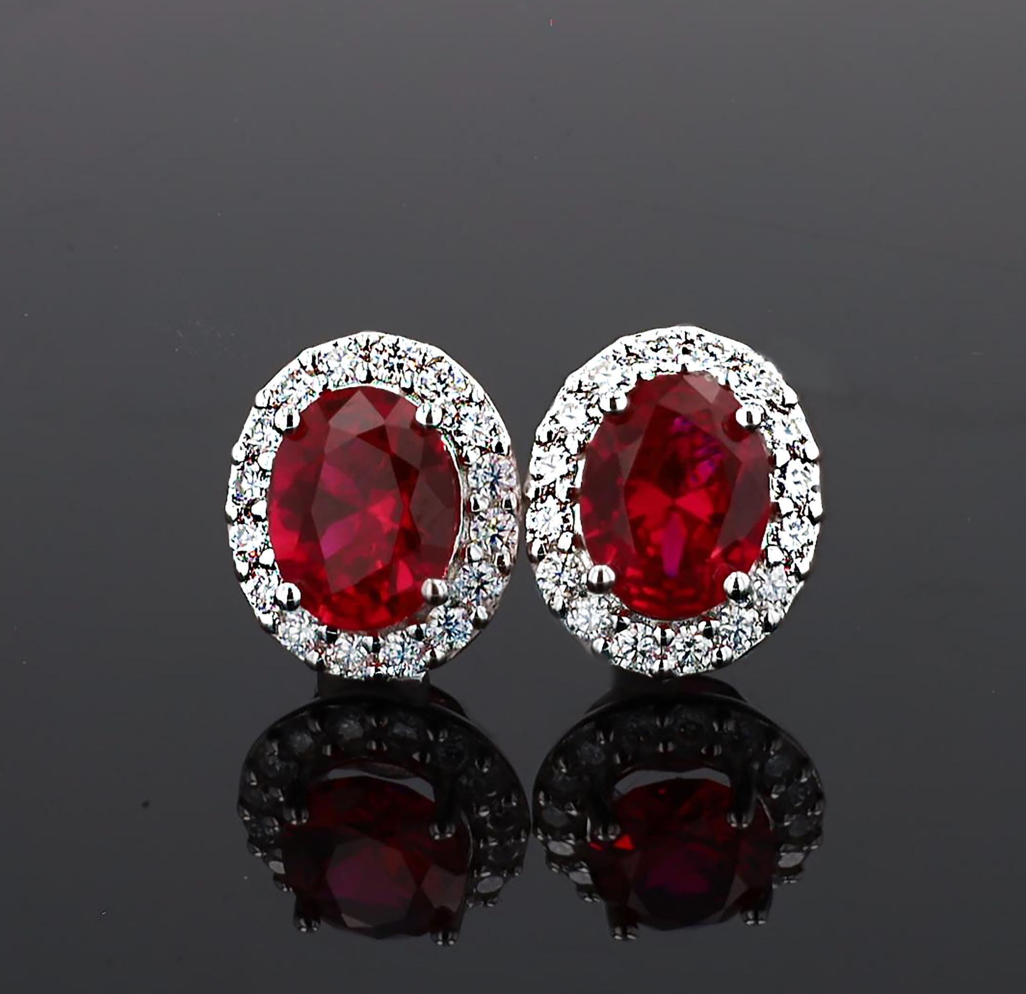 Lab Grown Ruby Halo Studs in Sterling Silver