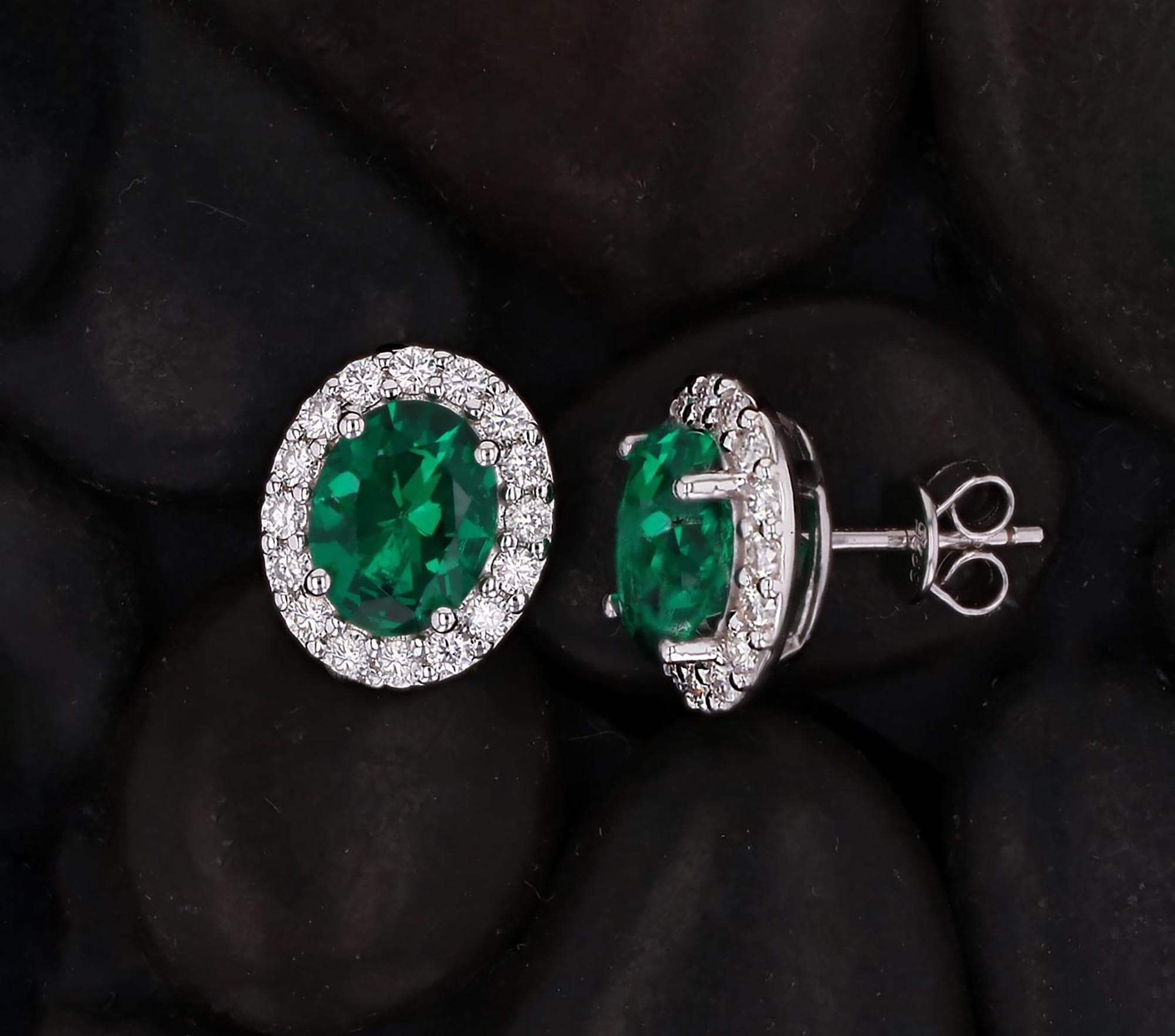 Lab Grown Emerald Halo Studs in Sterling Silver