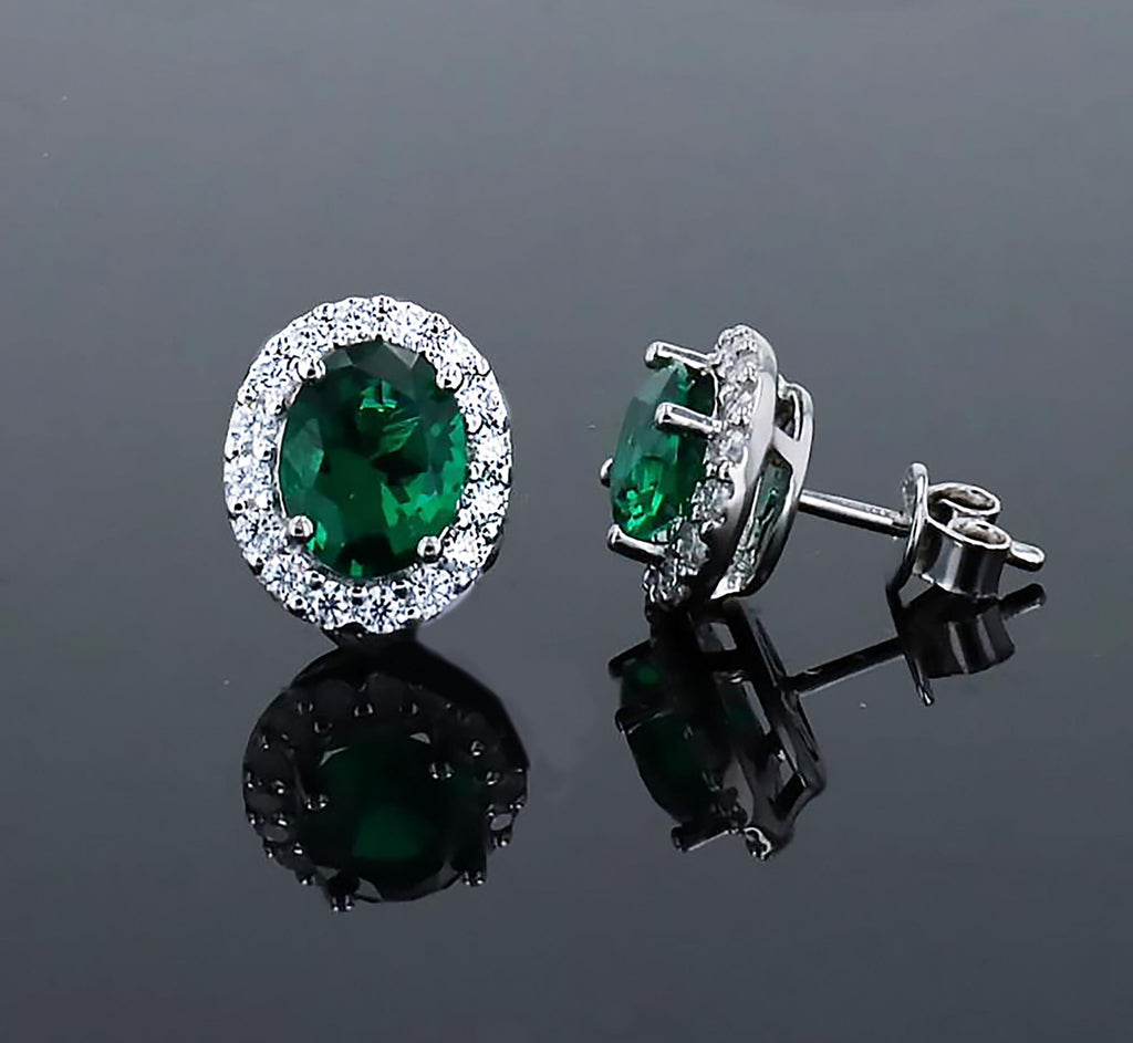 Lab Grown Emerald Halo Studs in Sterling Silver