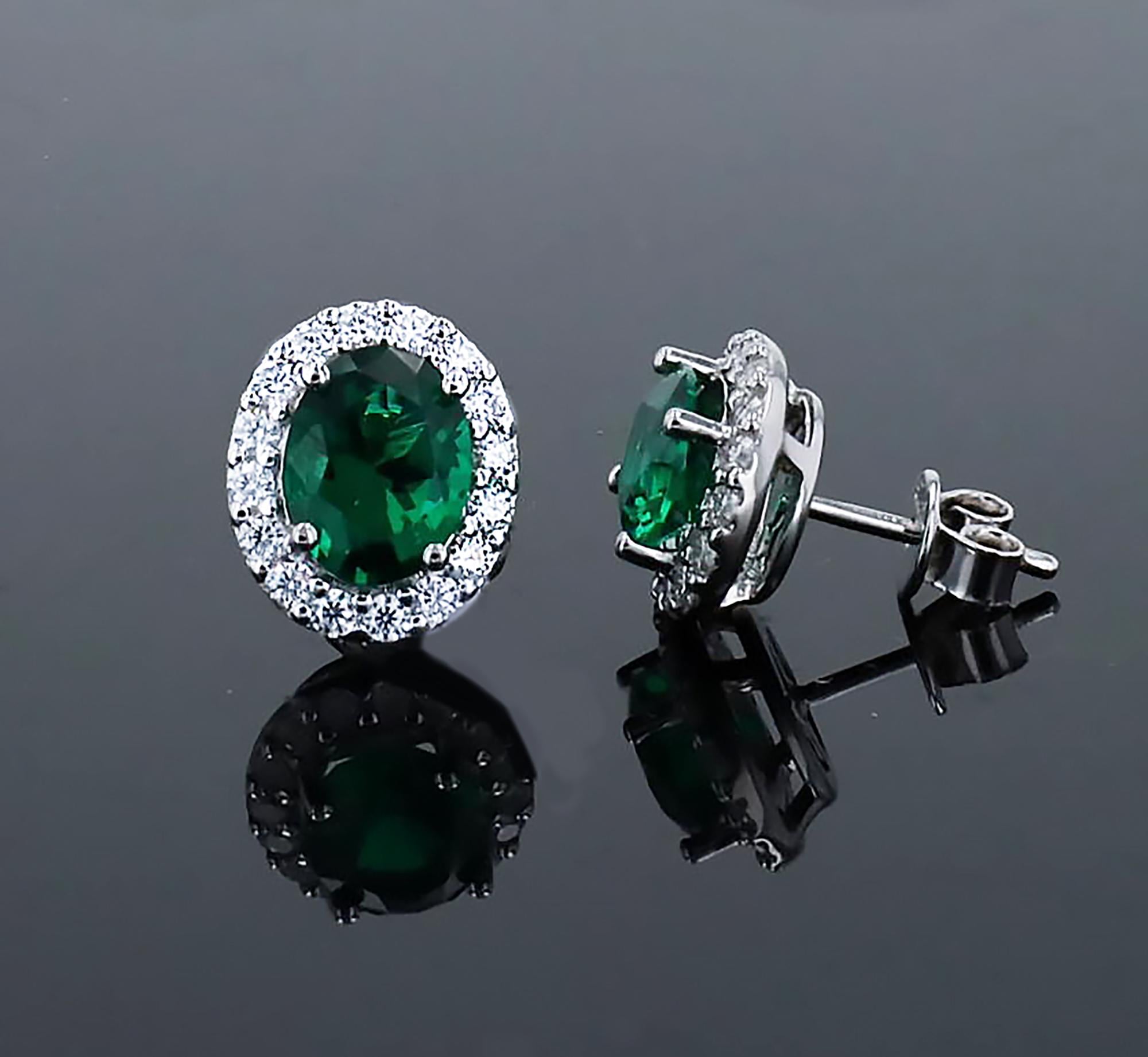 Lab Grown Emerald Halo Studs in Sterling Silver