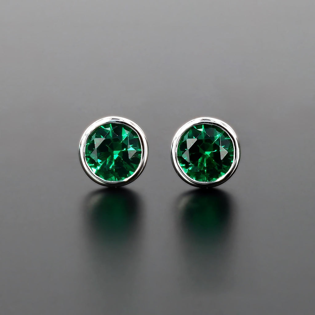 Lab-Grown Emerald Nano Crystal Bezel Set Studs in Sterling Silver