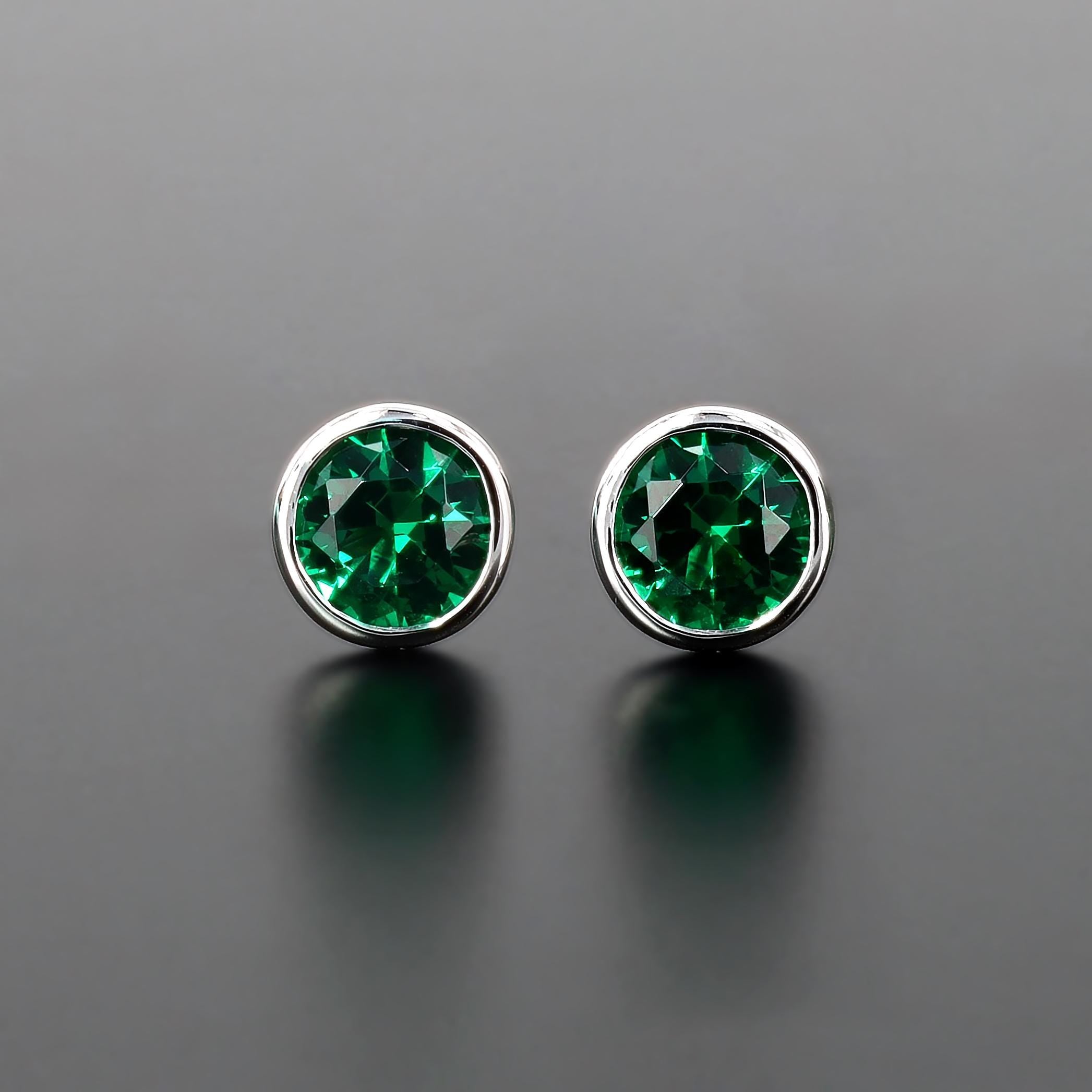 Lab-Grown Emerald Nano Crystal Bezel Set Studs in Sterling Silver