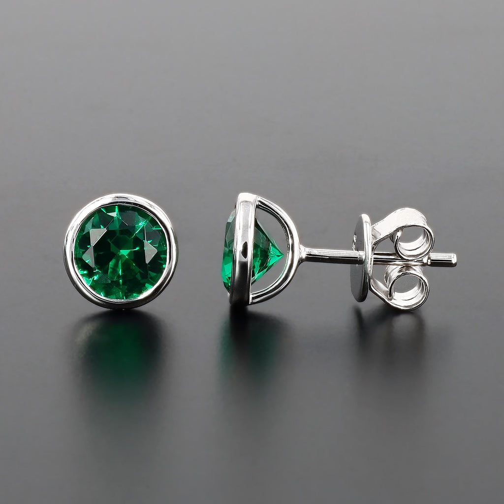 Lab-Grown Emerald Nano Crystal Bezel Set Studs in Sterling Silver