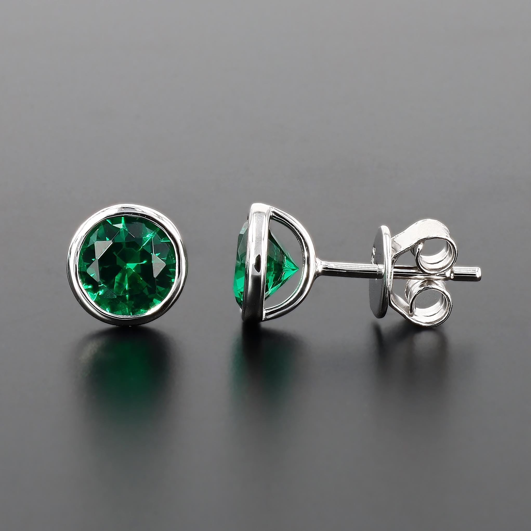Lab-Grown Emerald Nano Crystal Bezel Set Studs in Sterling Silver
