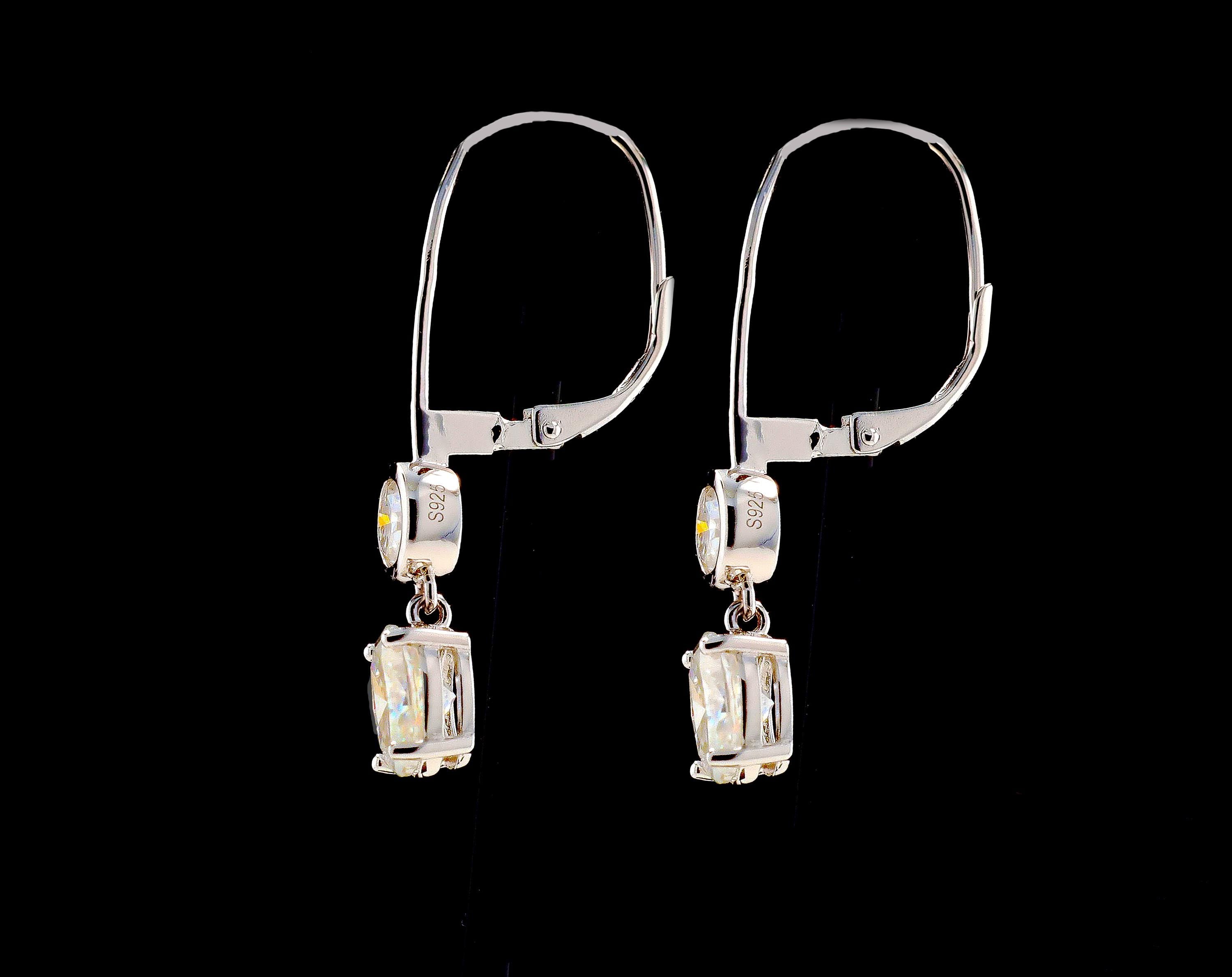 Moissanite Drop Lever Back Earrings in Sterling Silver