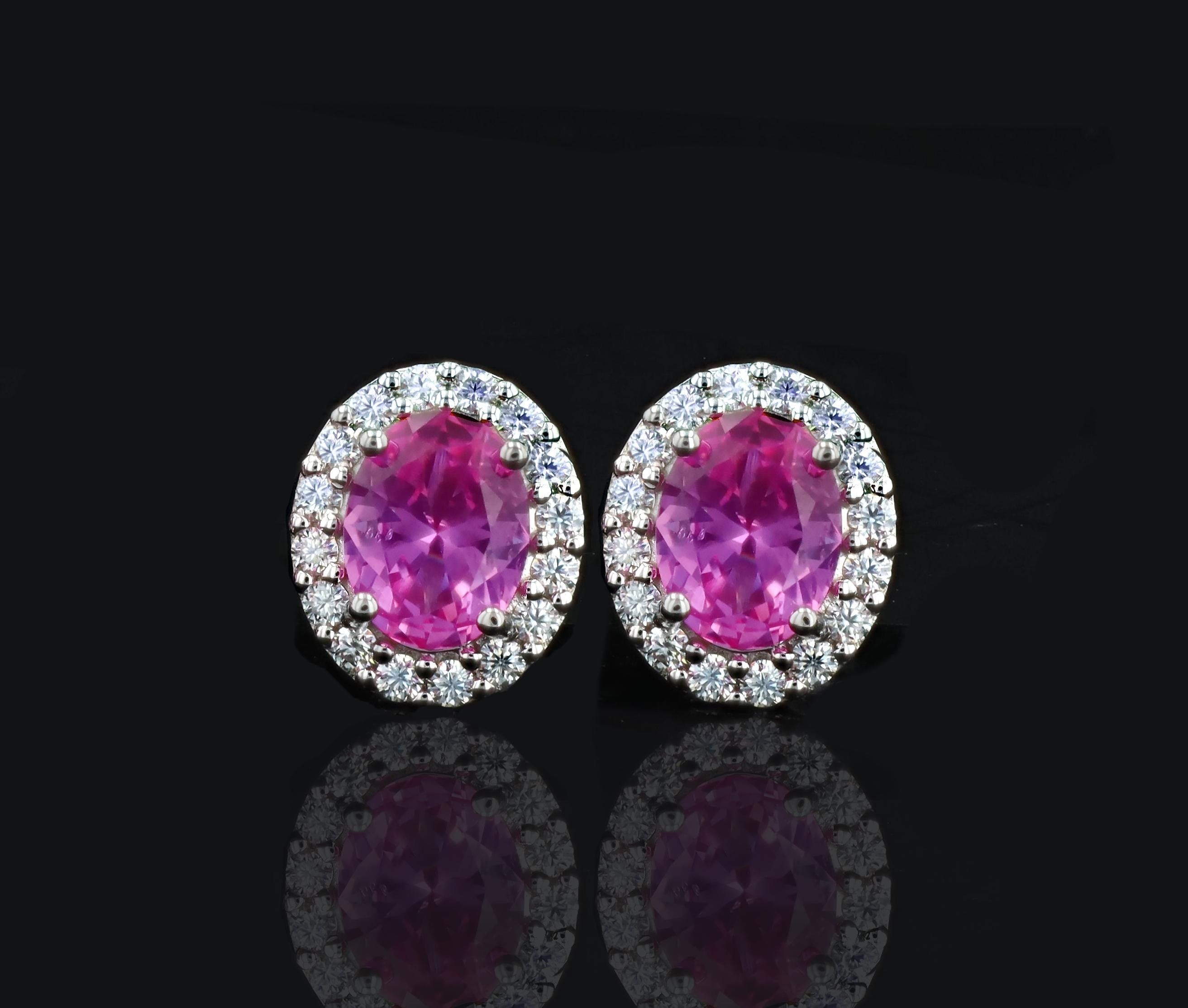 Lab Grown Pink Sapphire Halo Studs in Sterling Silver