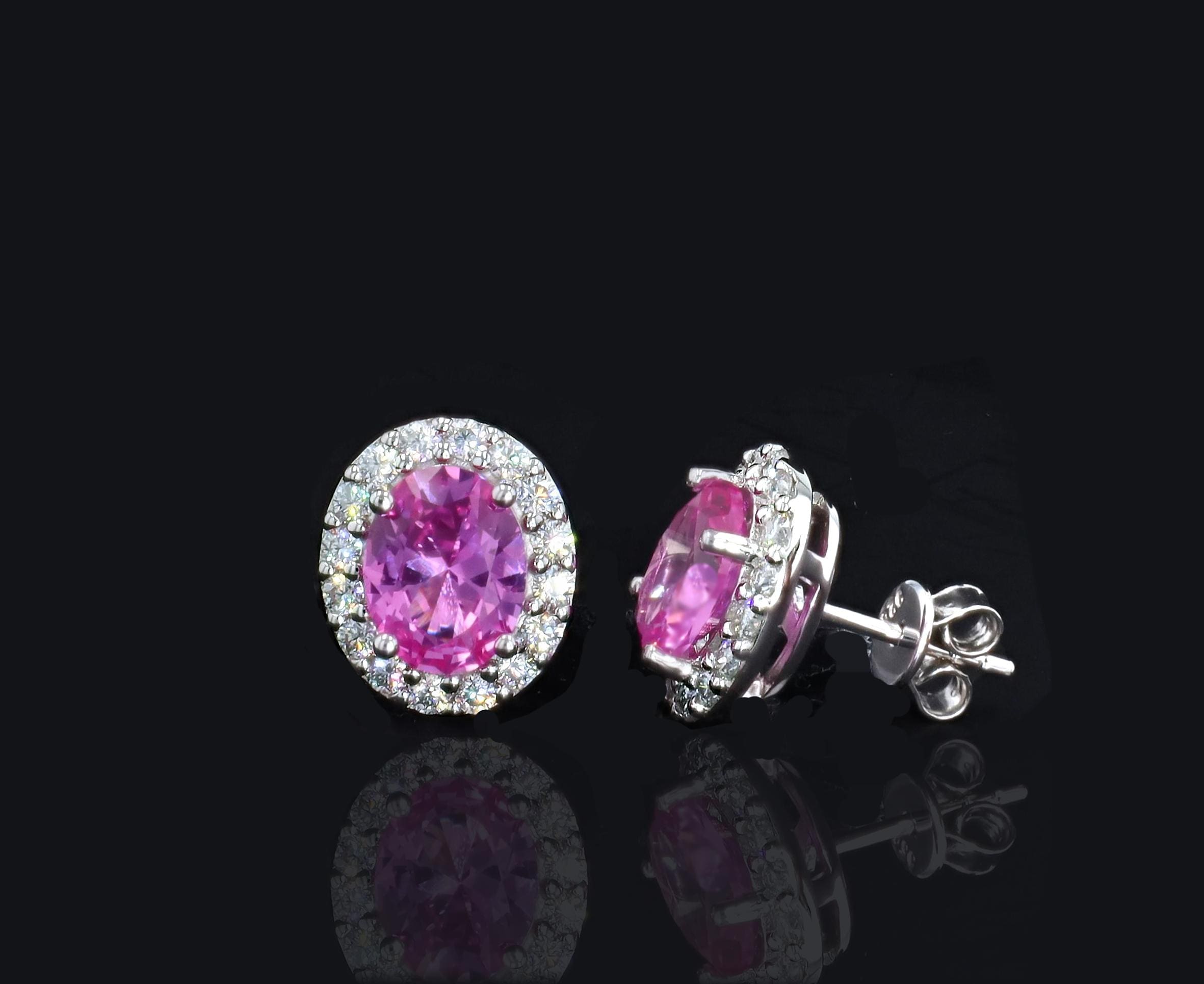 Lab Grown Pink Sapphire Halo Studs in Sterling Silver