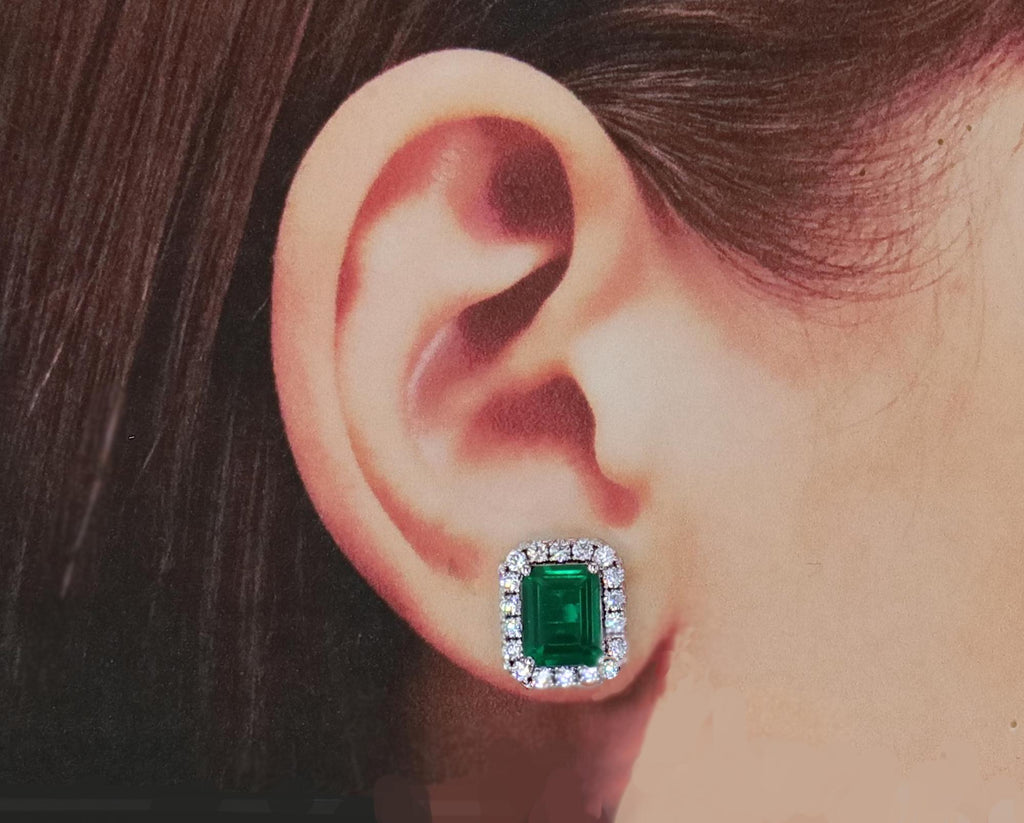 Emerald Cut Halo Earrings in Sterling Silver