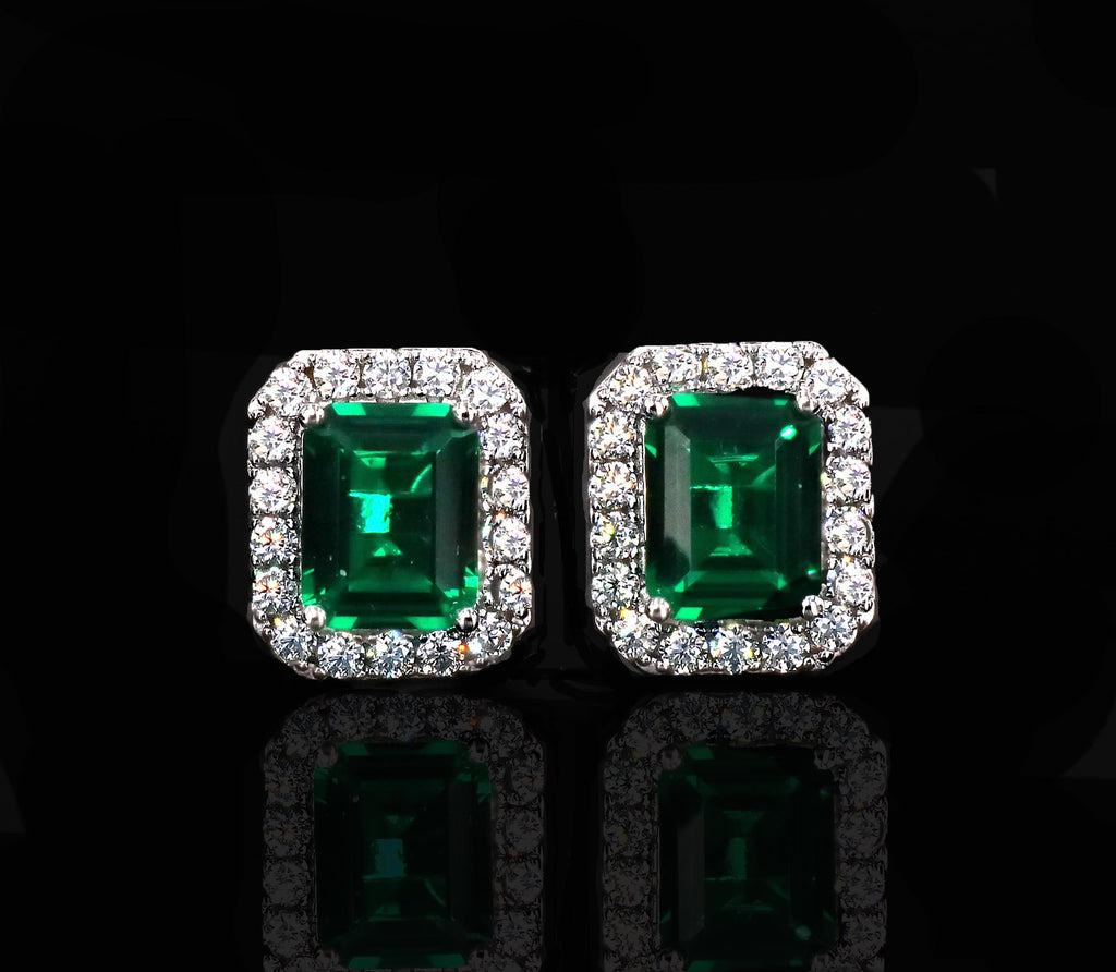 Emerald Cut Halo Earrings in Sterling Silver