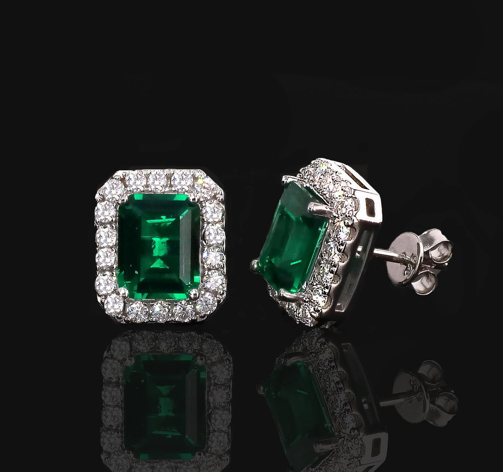 Emerald Cut Halo Earrings in Sterling Silver