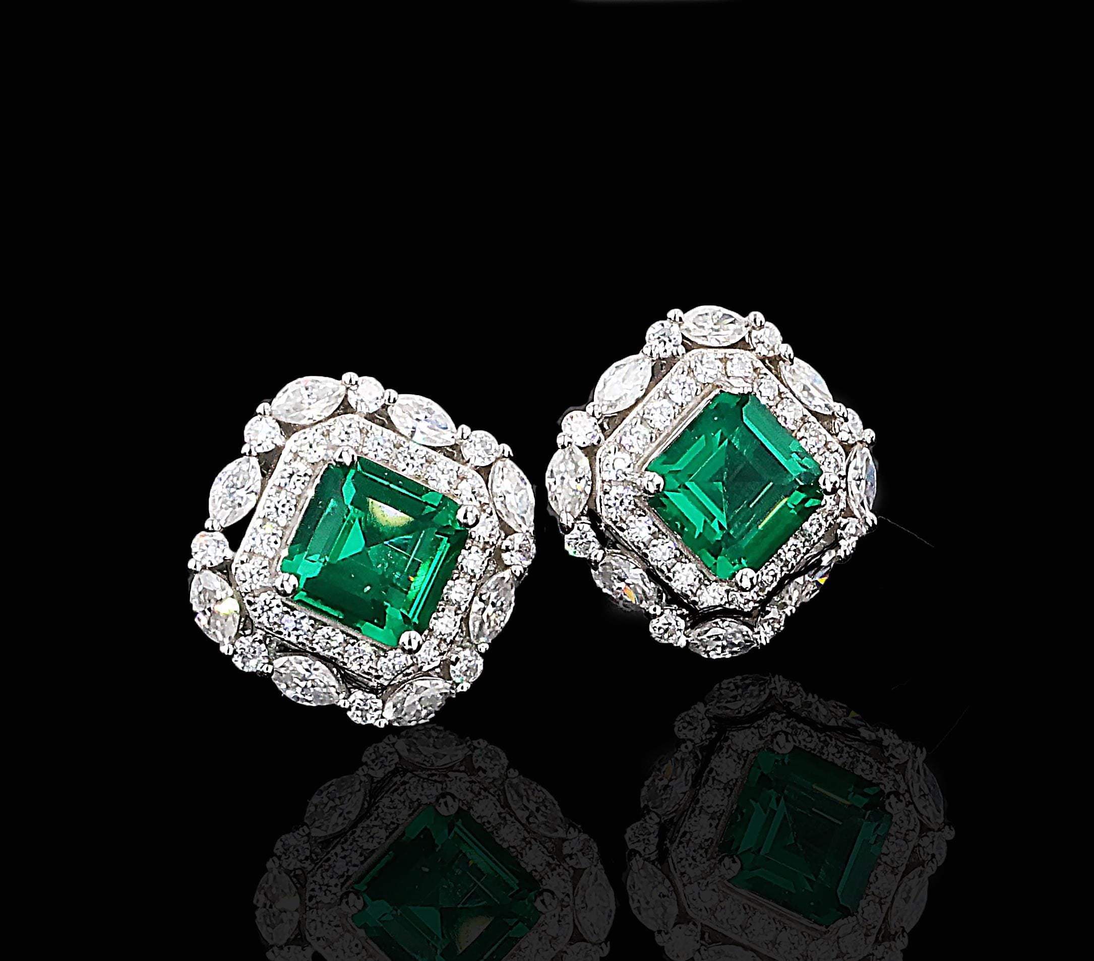 Art Deco Lab Grown Emerald Nano Crystal Studs in Sterling Silver