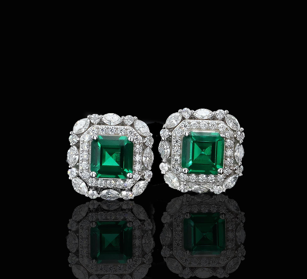 Art Deco Lab Grown Emerald Nano Crystal Studs in Sterling Silver