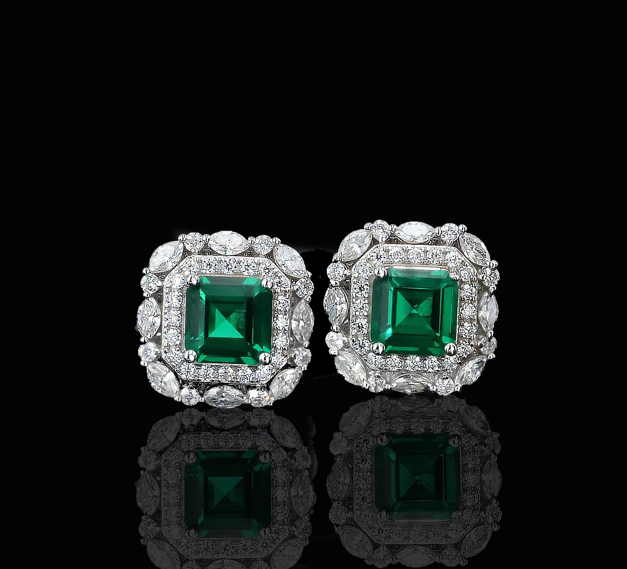 Art Deco Lab Grown Emerald Nano Crystal Studs in Sterling Silver