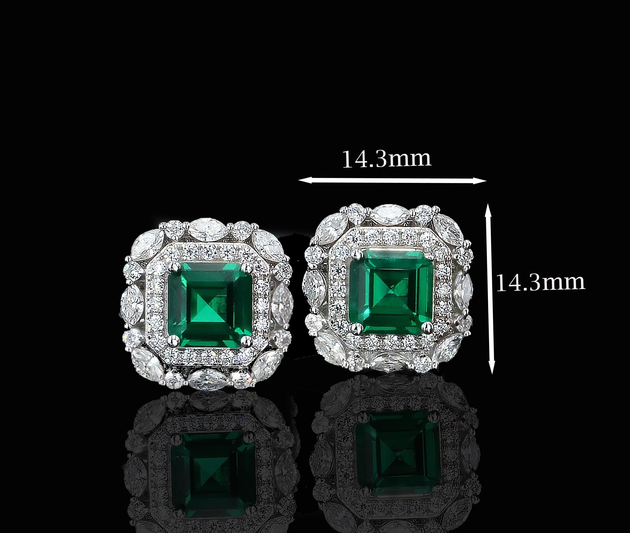 Art Deco Lab Grown Emerald Nano Crystal Studs in Sterling Silver