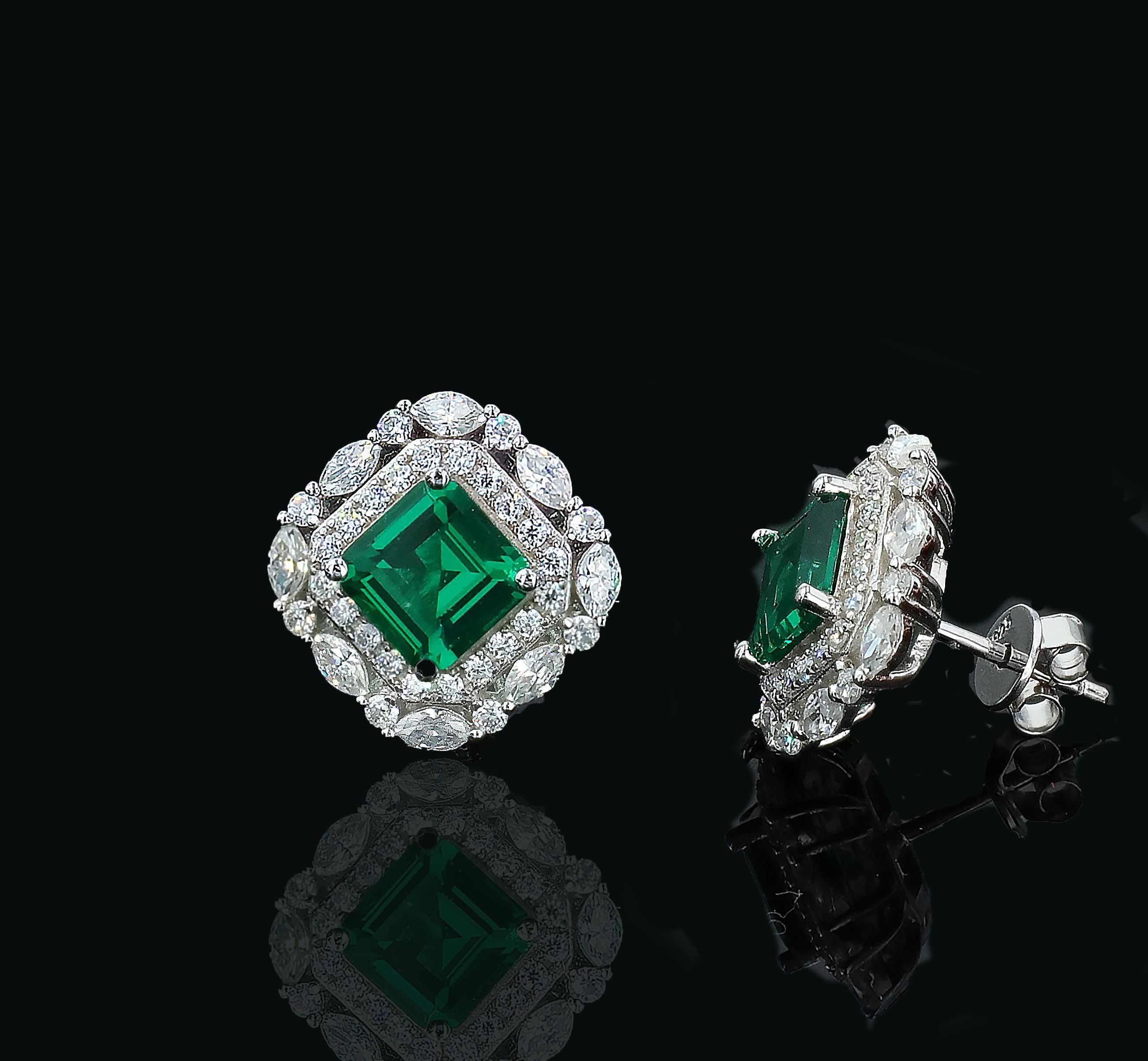 Art Deco Lab Grown Emerald Nano Crystal Studs in Sterling Silver