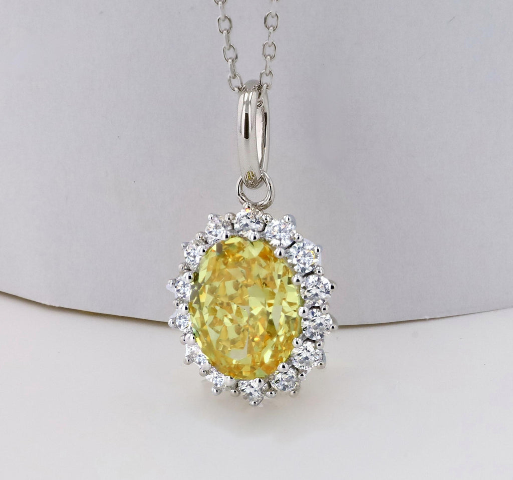 Yellow Simulated Diamond Halo Pendant in Sterling Silver