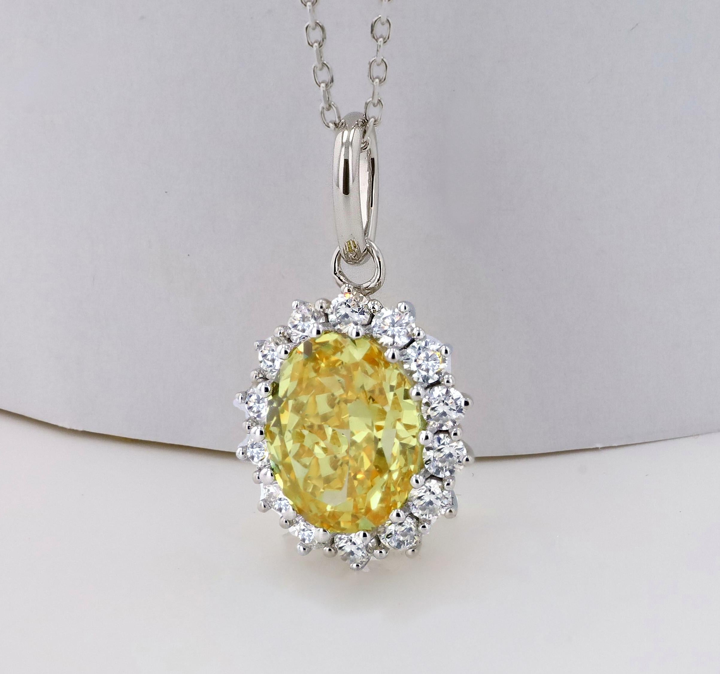 Yellow Simulated Diamond Halo Pendant in Sterling Silver