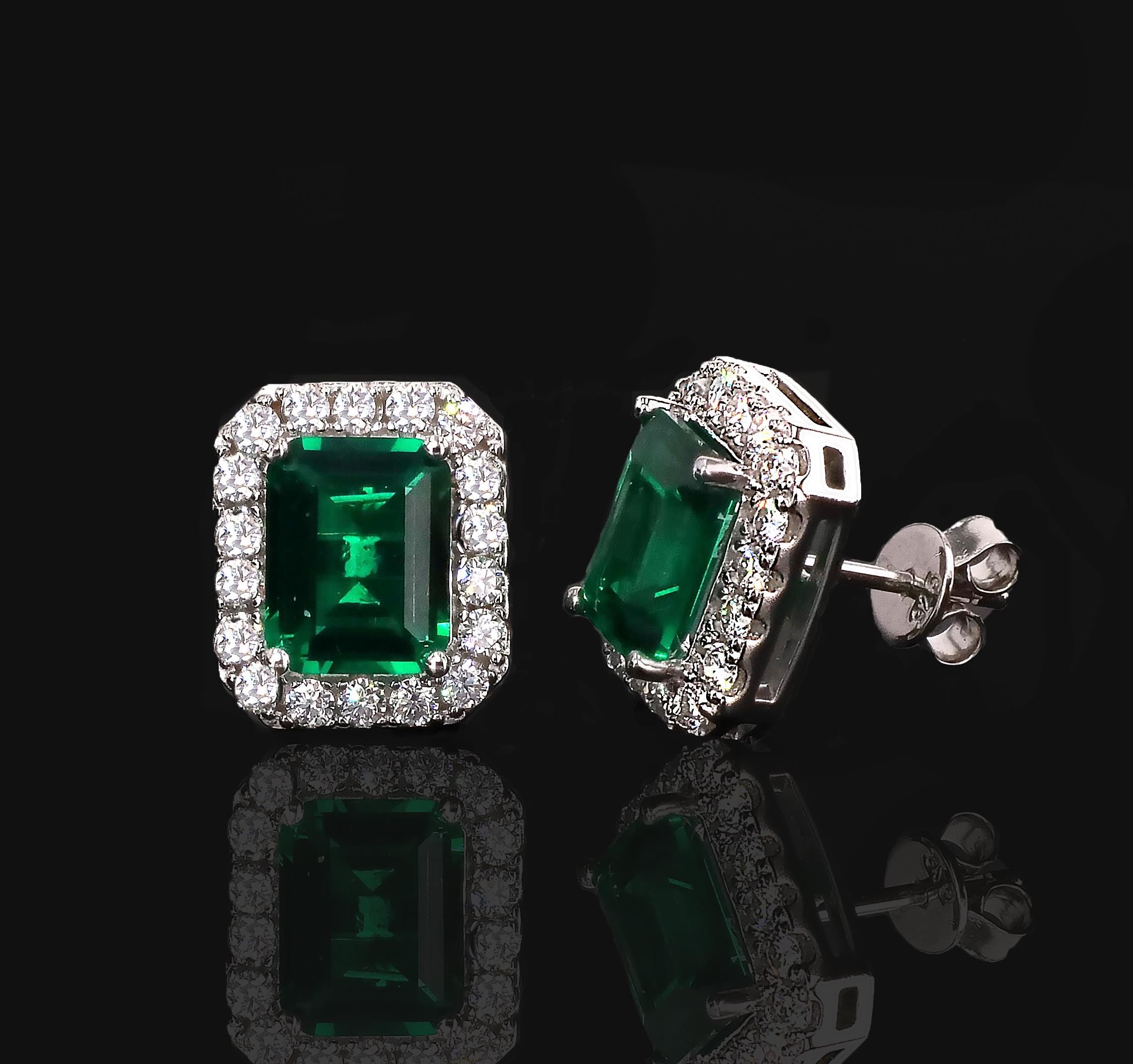 Emerald Cut Halo Earrings in Sterling Silver