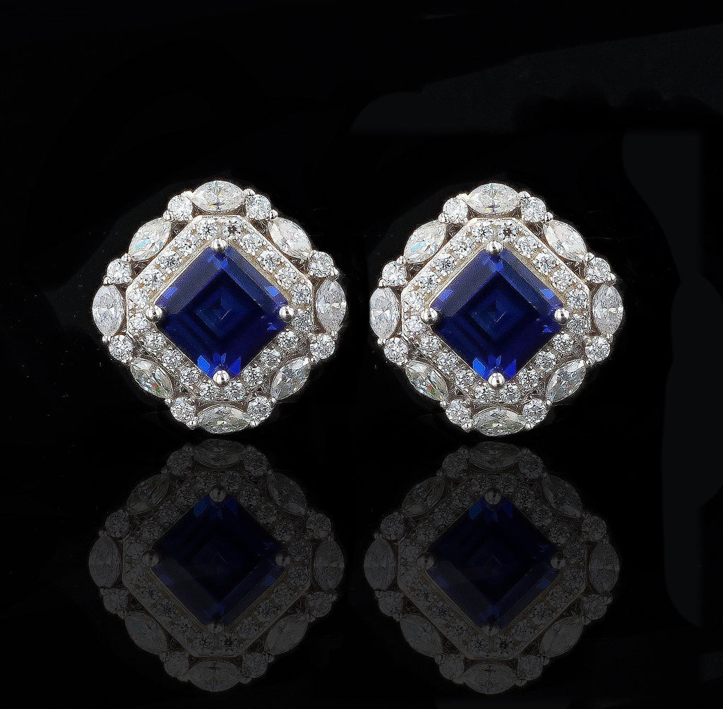 Art Deco Lab Grown Sapphire Studs in Sterling Silver