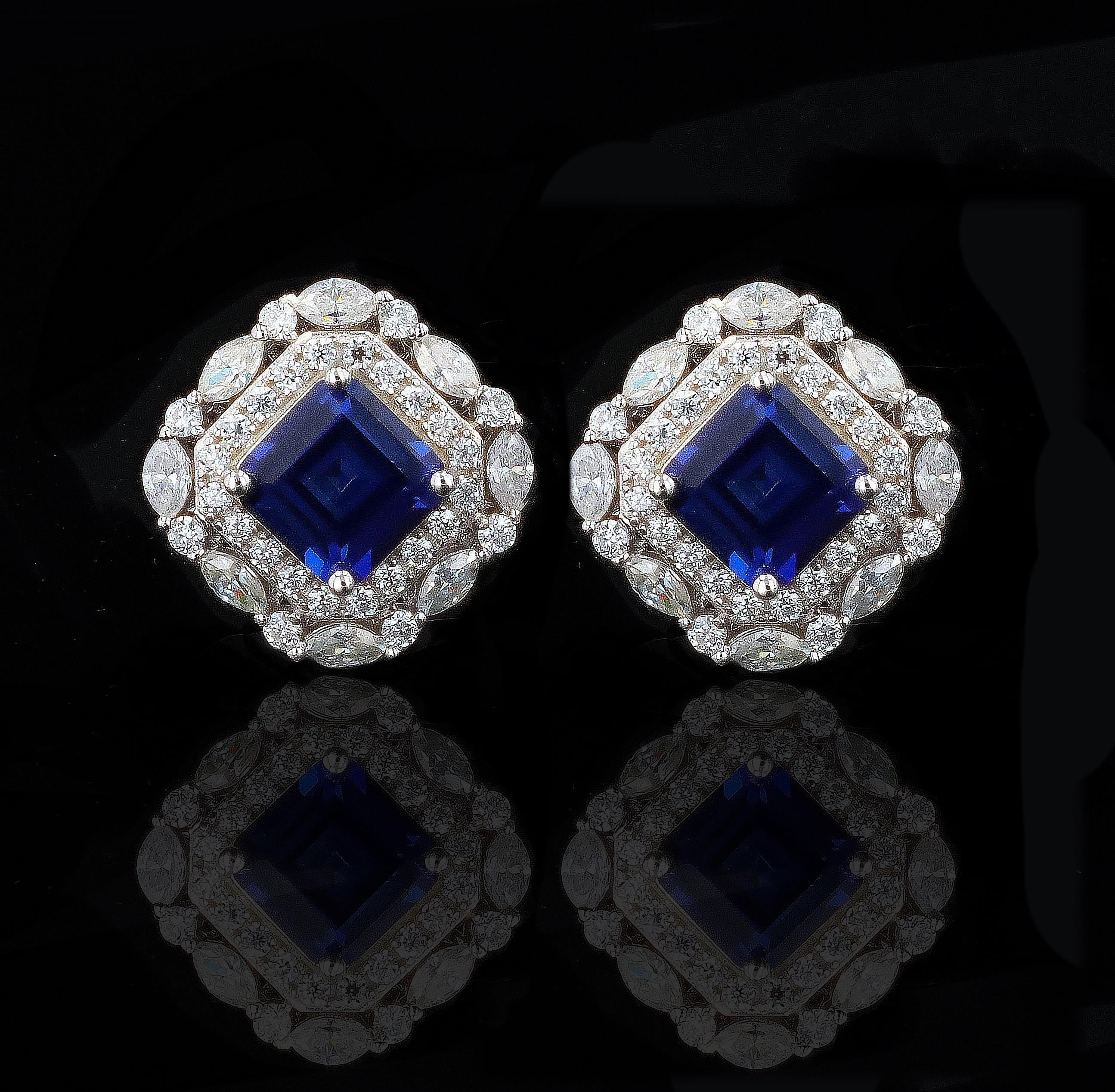 Art Deco Lab Grown Sapphire Studs in Sterling Silver