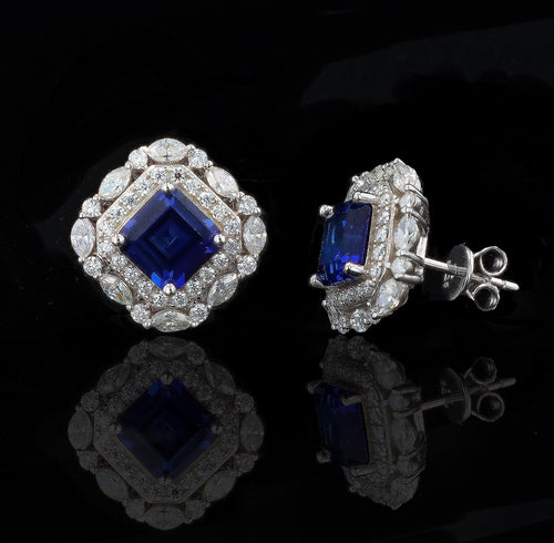 Art Deco Lab Grown Sapphire Studs in Sterling Silver