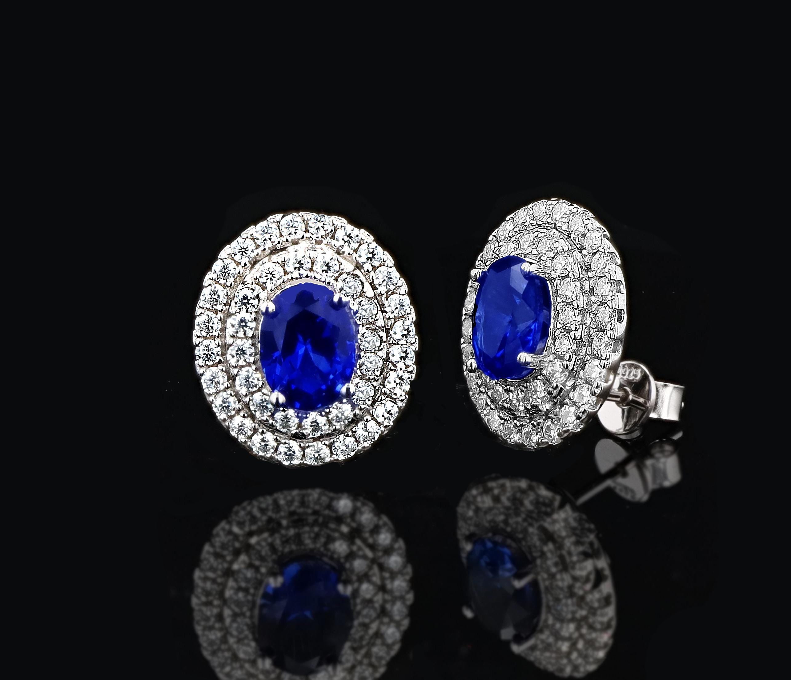 Double Halo Lab Grown Sapphire Earrings in Sterling Silver