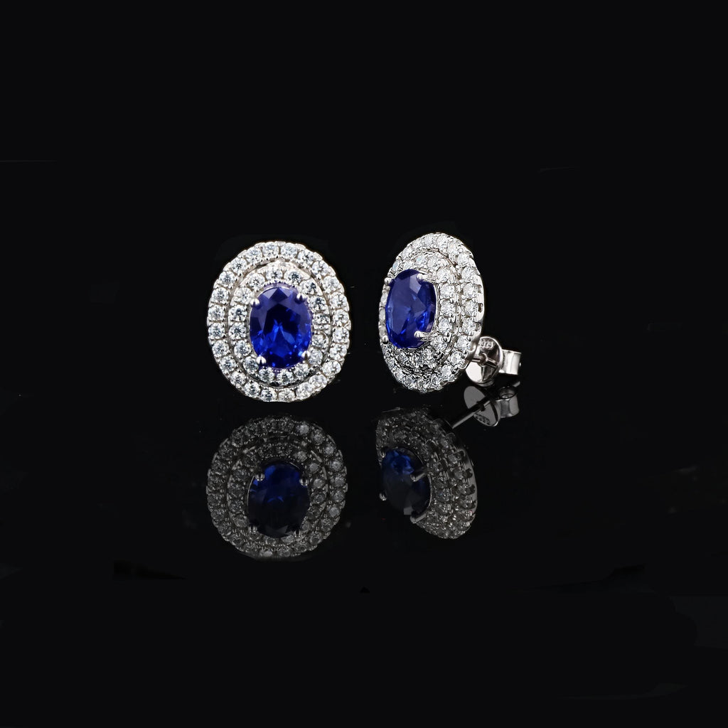 Double Halo Lab Grown Sapphire Earrings in Sterling Silver