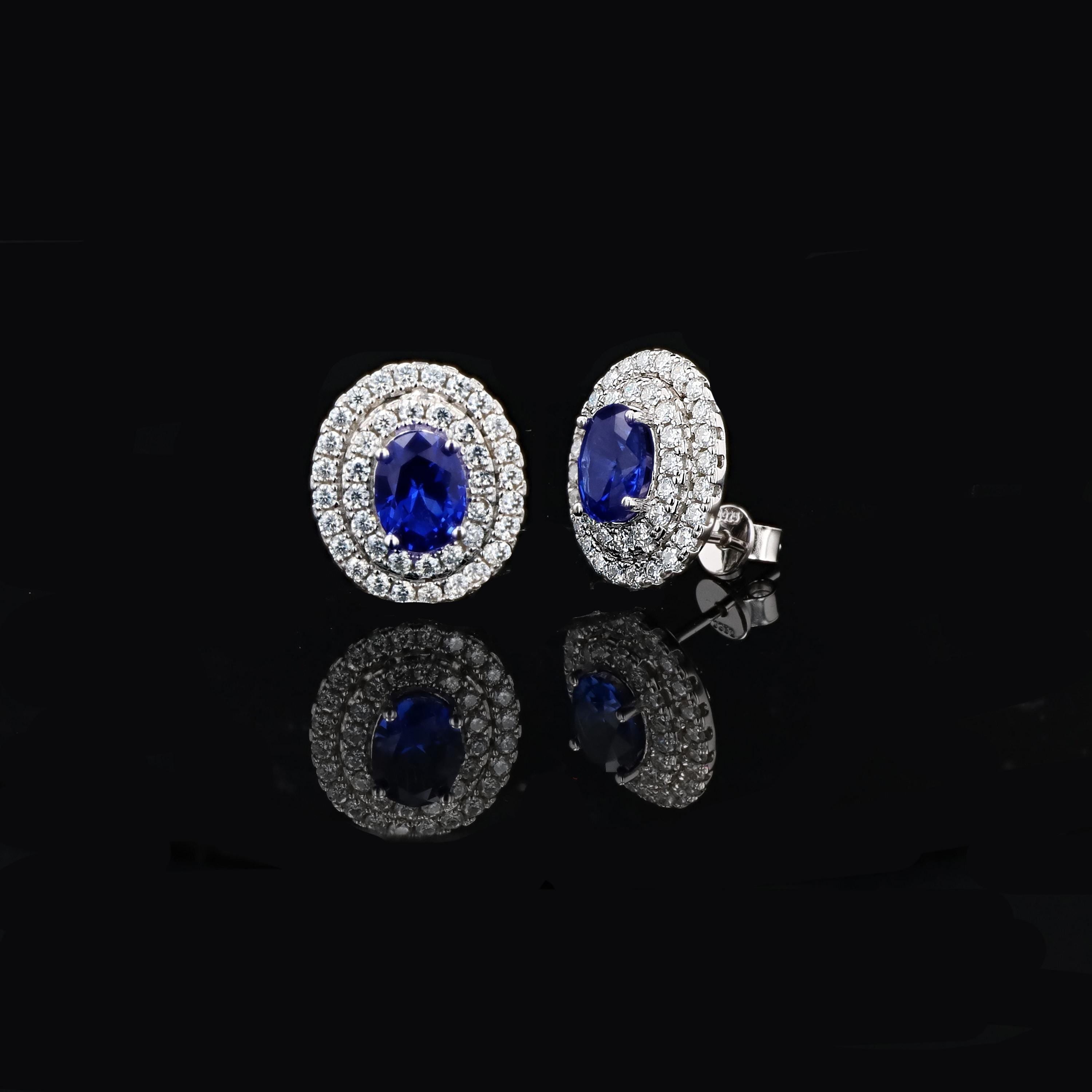 Double Halo Lab Grown Sapphire Earrings in Sterling Silver