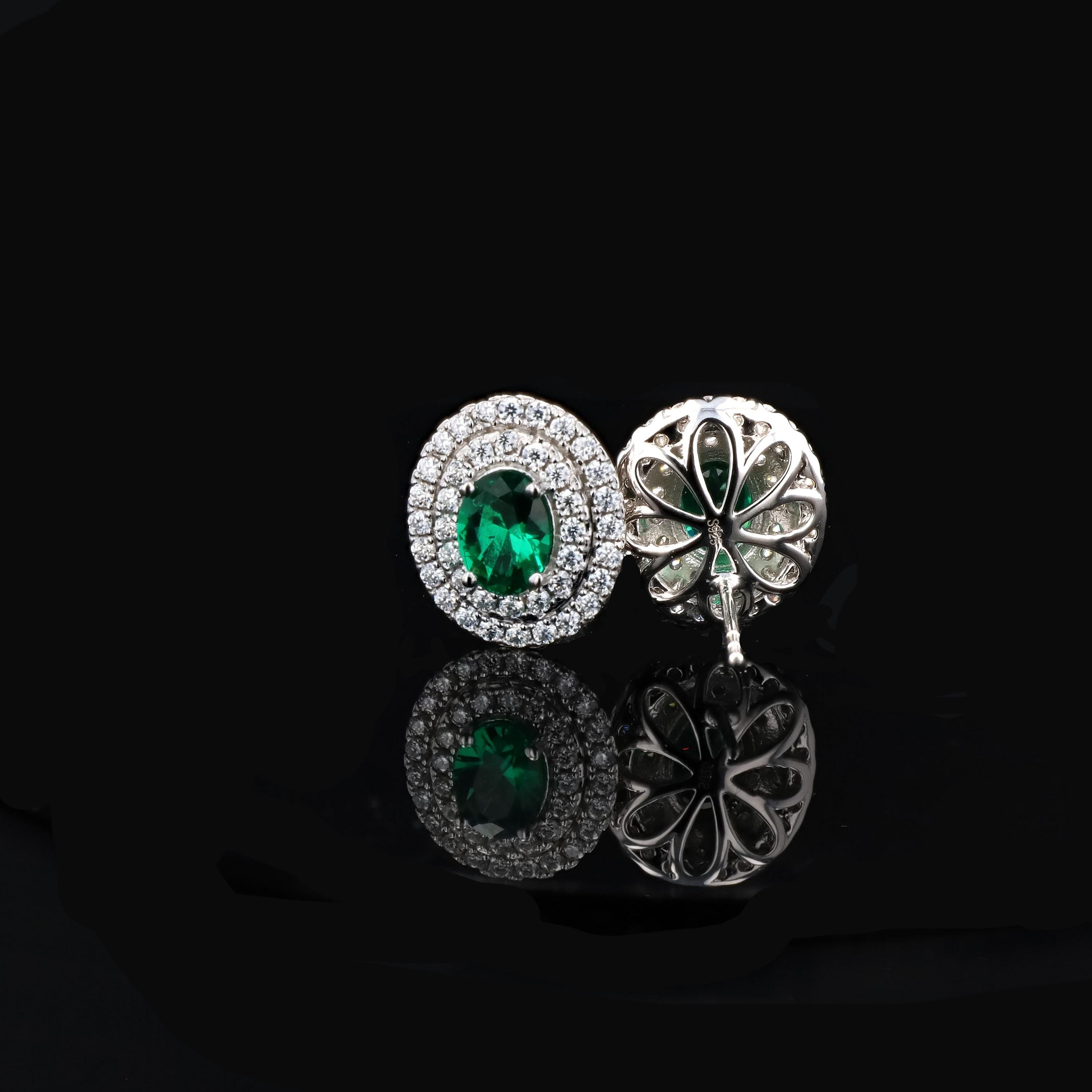 Double Halo Lab Grown Emerald Nano Crystal Earrings in Sterling Silver