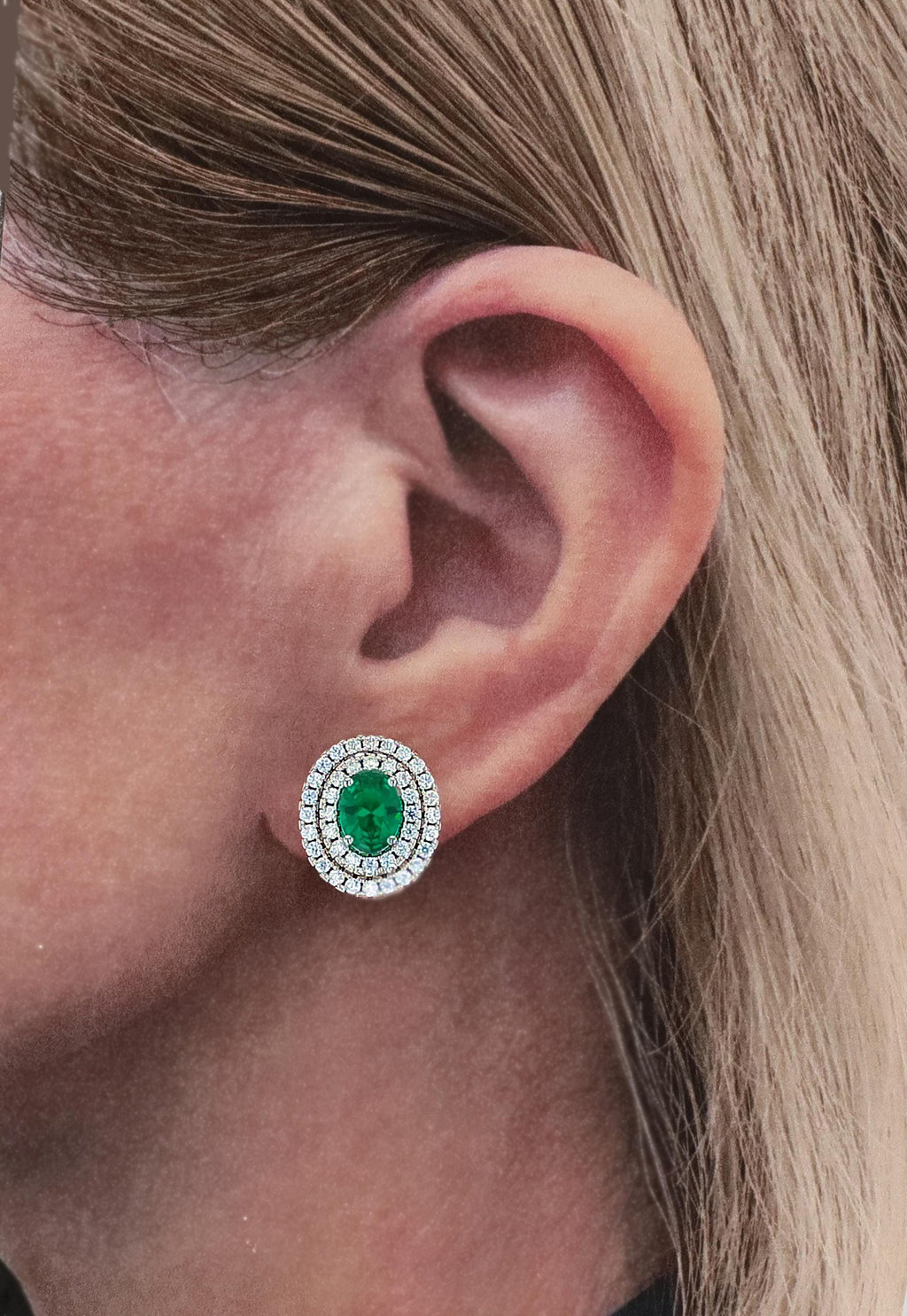 Double Halo Lab Grown Emerald Nano Crystal Earrings in Sterling Silver