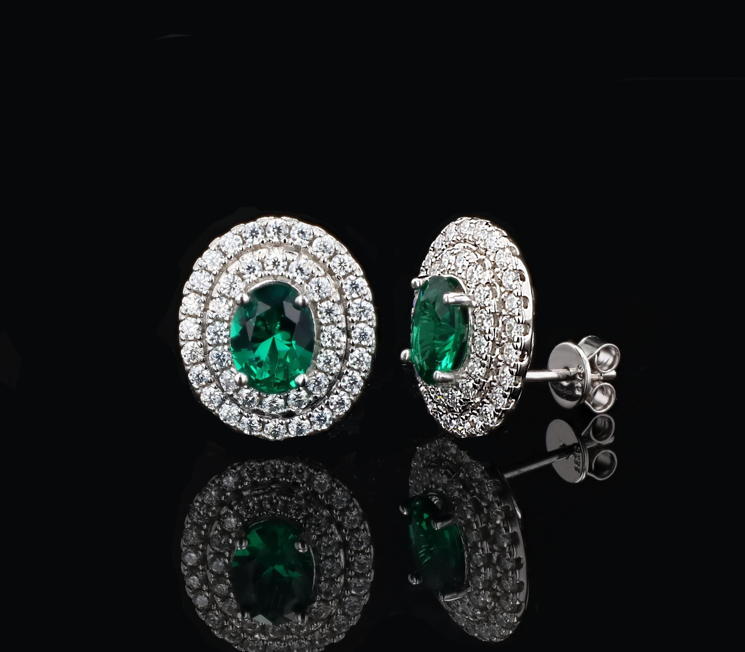 Double Halo Lab Grown Emerald Nano Crystal Earrings in Sterling Silver