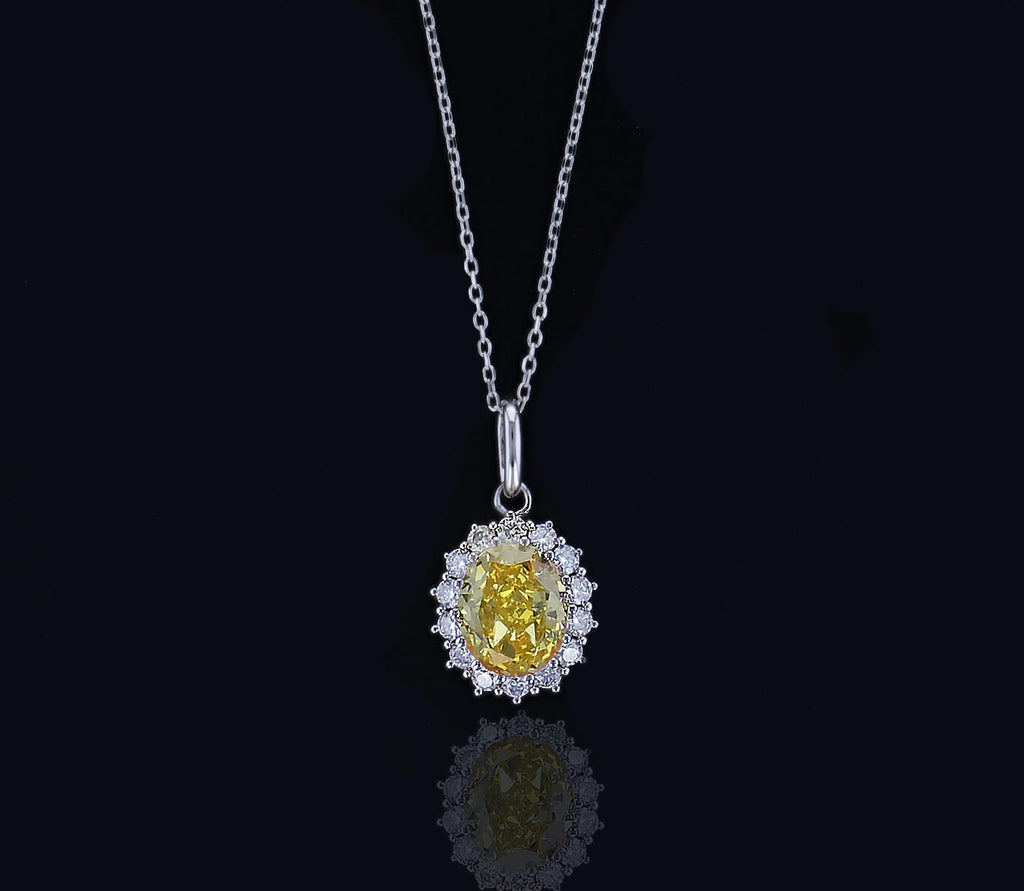 Yellow Simulated Diamond Halo Pendant in Sterling Silver