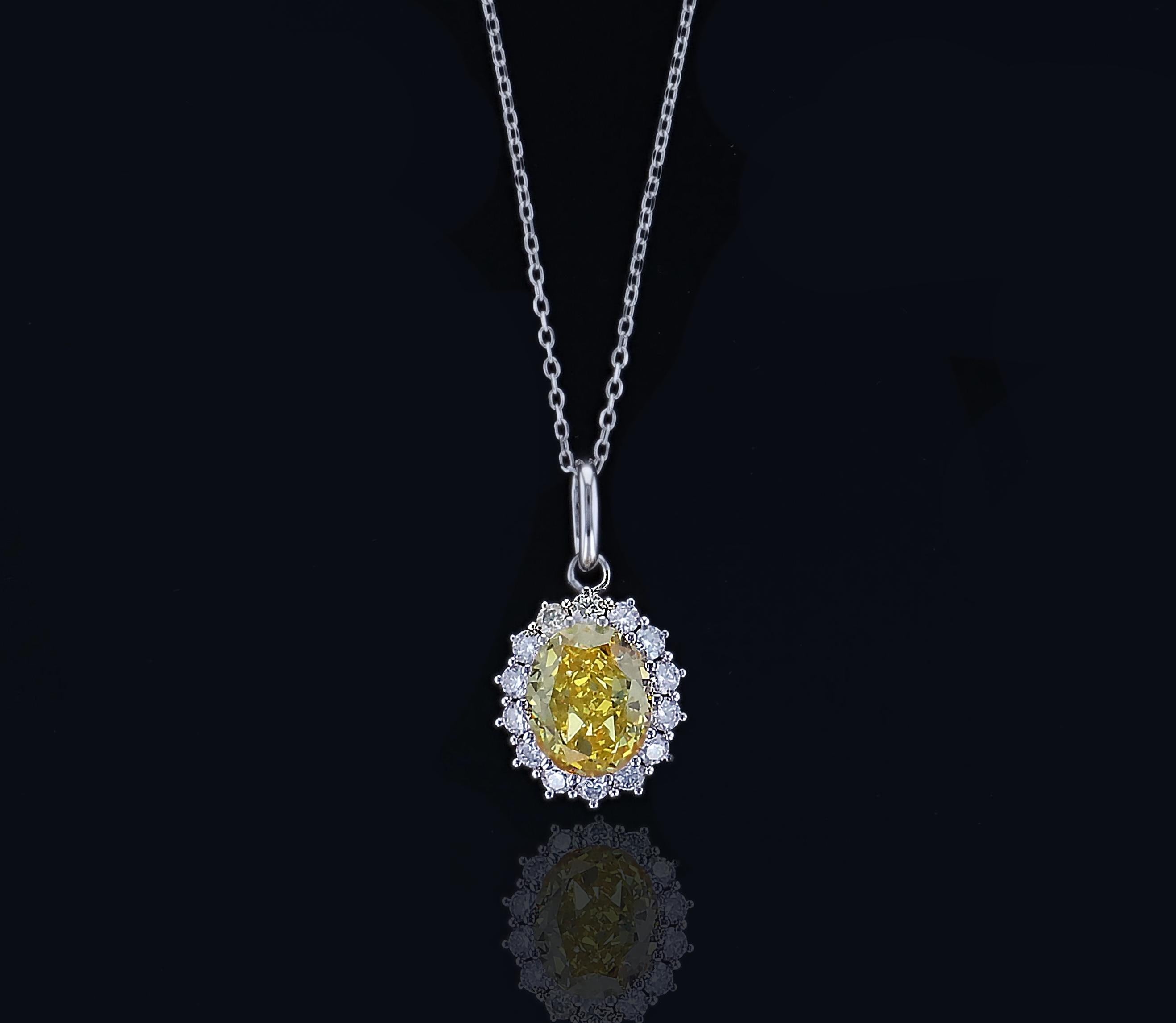 Yellow Simulated Diamond Halo Pendant in Sterling Silver