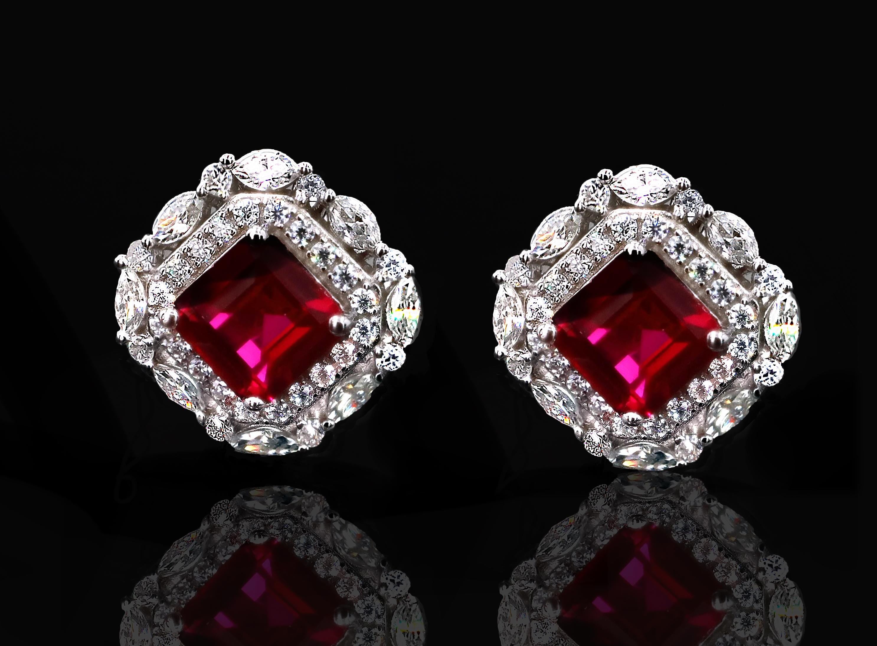 Art Deco Lab Grown Sapphire Studs in Sterling Silver