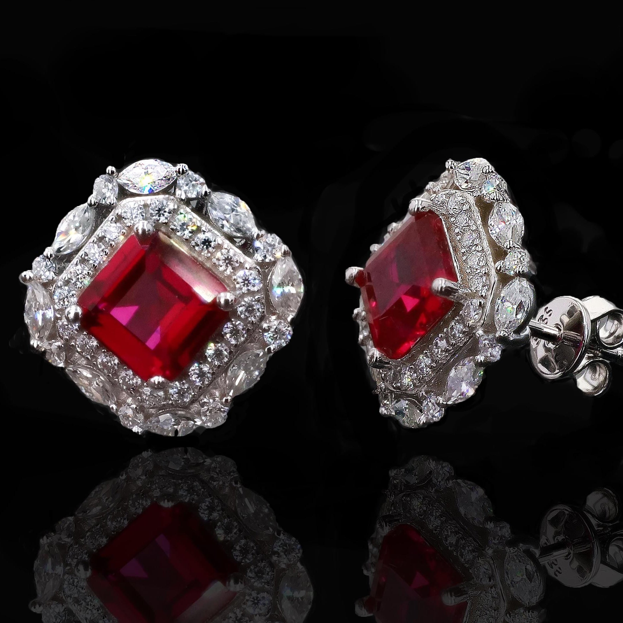 Art Deco Lab Grown Sapphire Studs in Sterling Silver