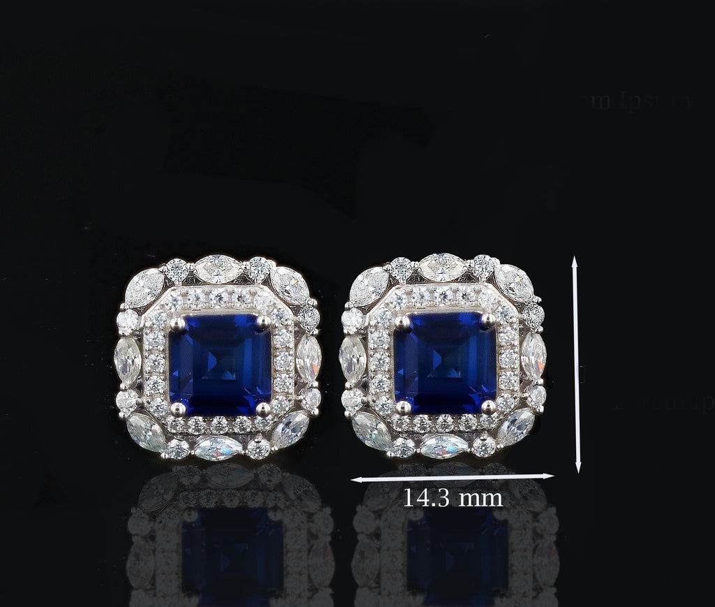 Art Deco Lab Grown Sapphire Studs in Sterling Silver