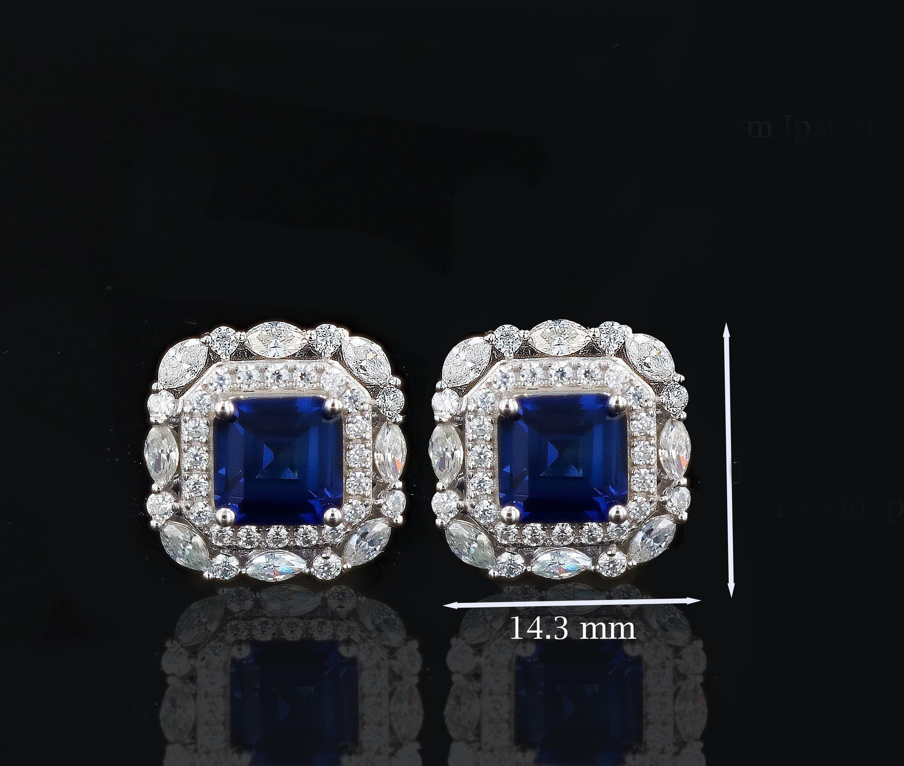 Art Deco Lab Grown Sapphire Studs in Sterling Silver