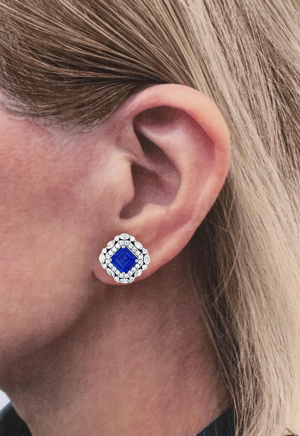 Art Deco Lab Grown Sapphire Studs in Sterling Silver