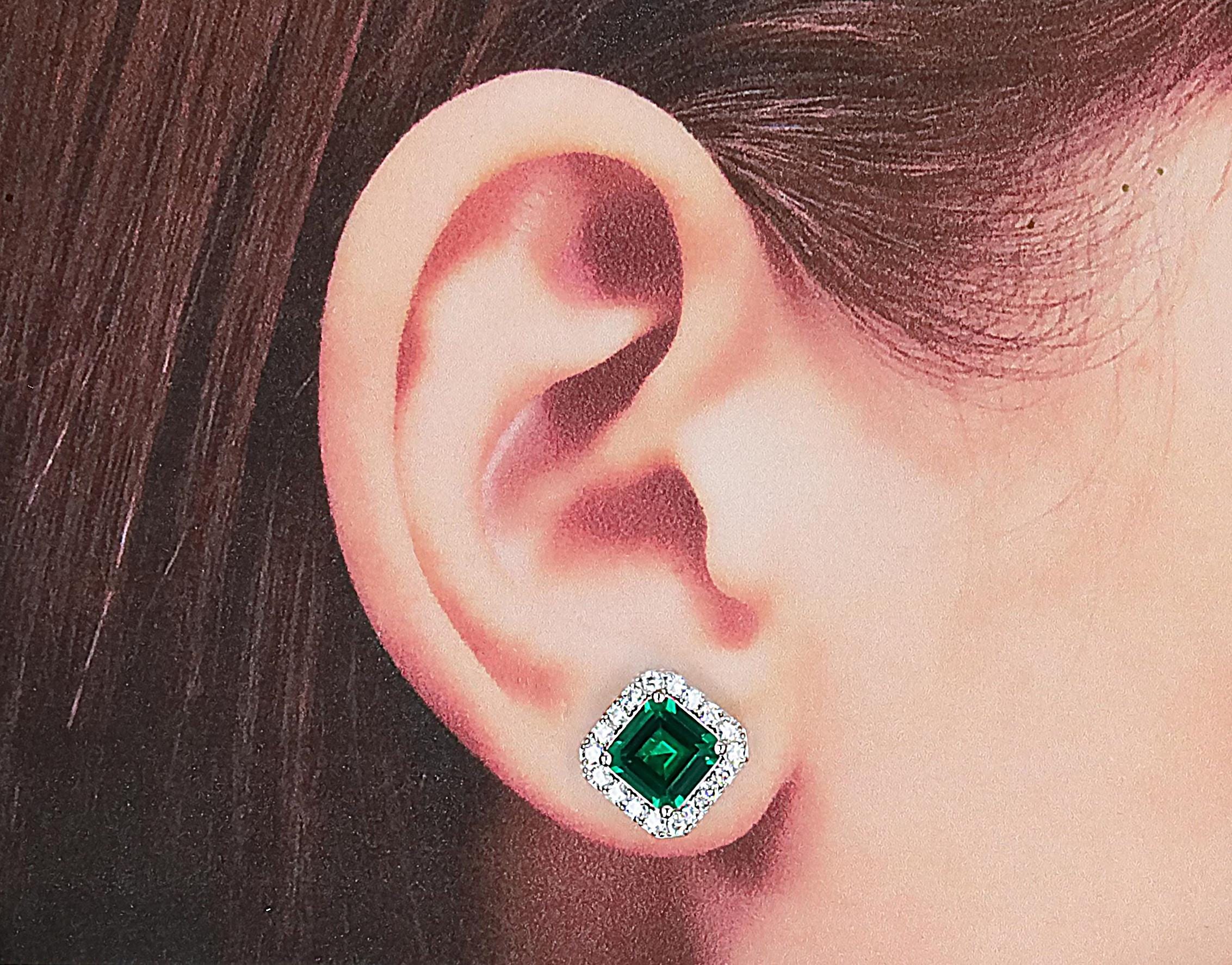 Art Deco Lab Grown Emerald Nano Crystal Studs in Sterling Silver