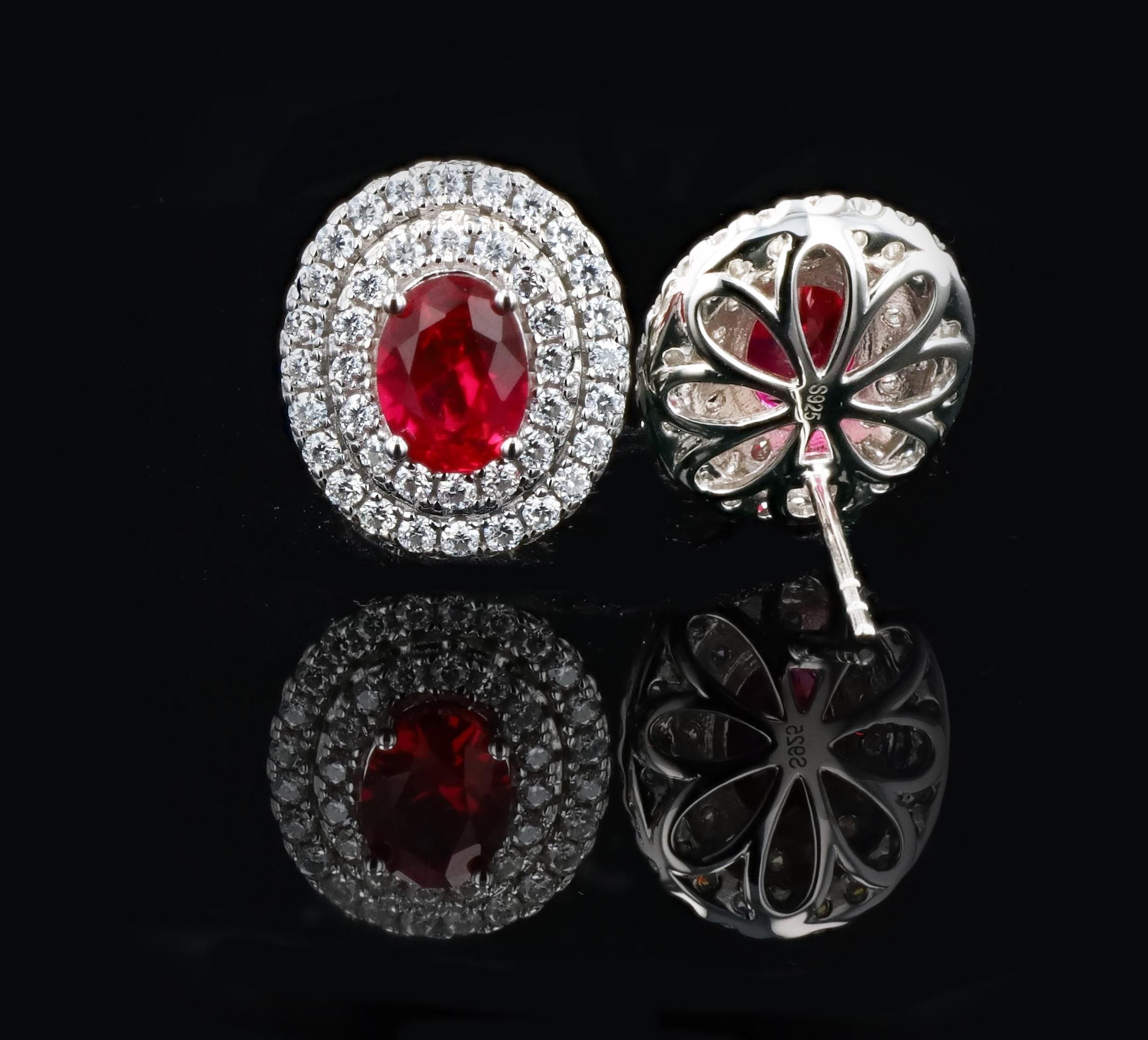 Double Halo Lab Grown Ruby Earrings in Sterling Silver